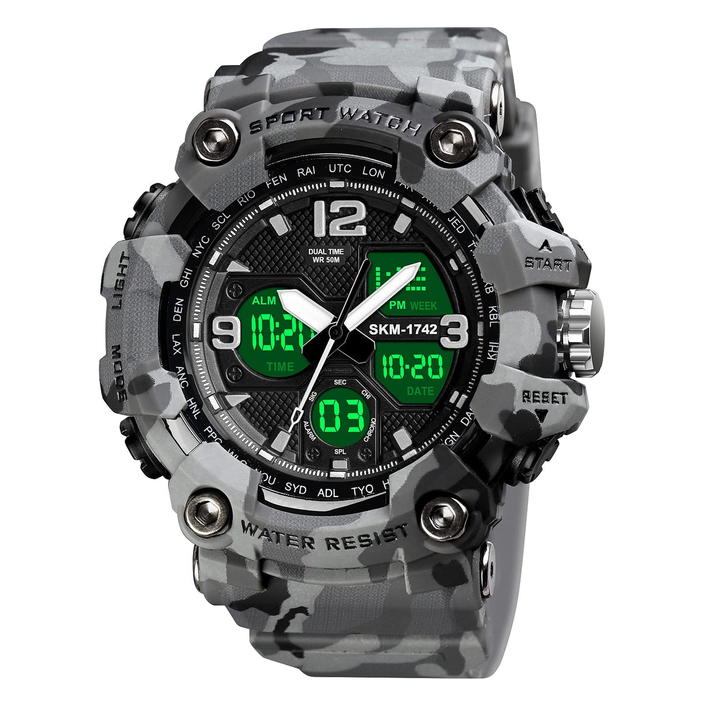 Dayllon Mens Digital Sports Watch 50M Water Resistant Military Backlight Stopwatch LED Screen Countdown Watches 1742 Grey