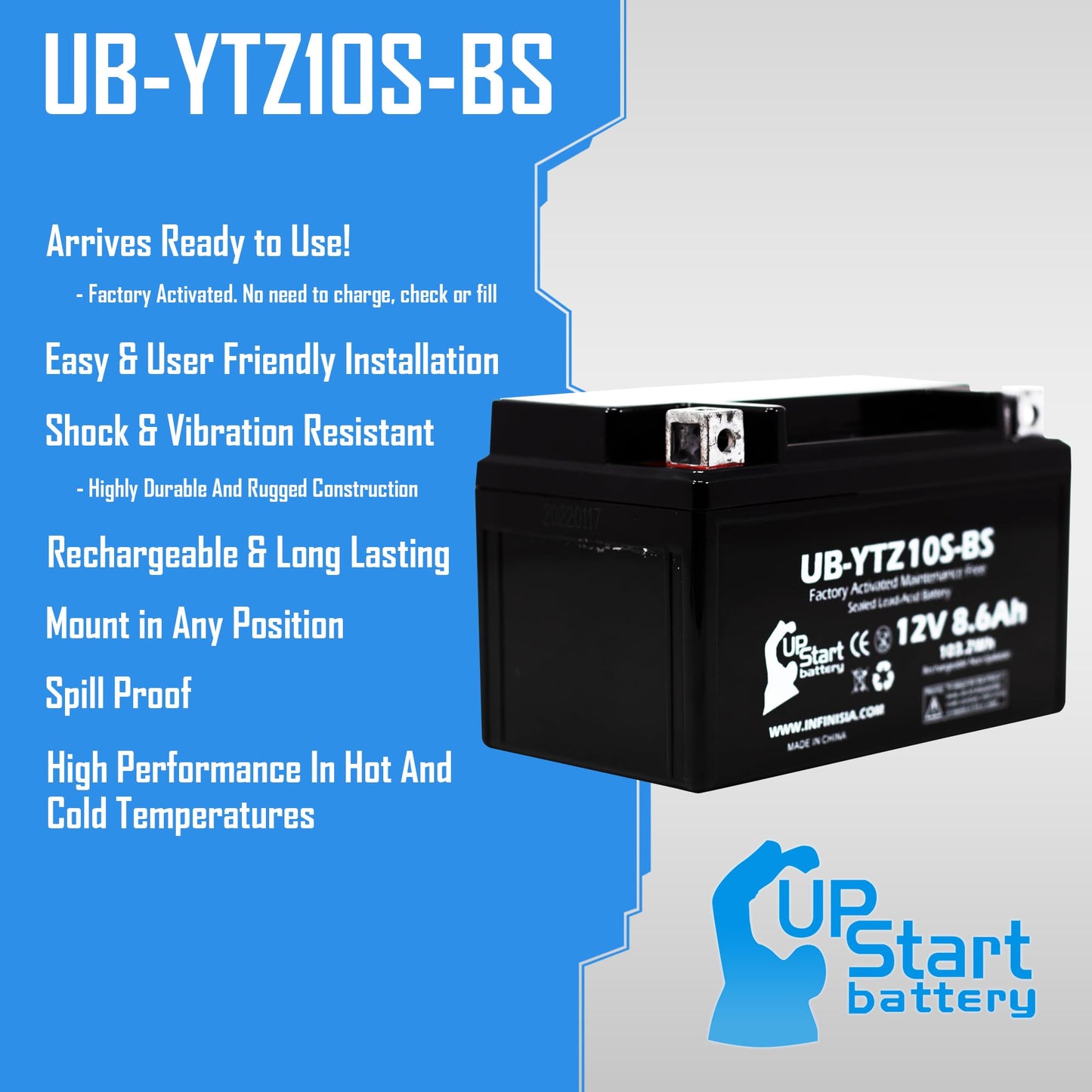 Replacement for 2007 Yamaha YZF-R6 (excl. R6S) 600CC Factory Activated, Maintenance Free, Motorcycle Battery - 12V, 8.6Ah, UB-YTZ10S-BS