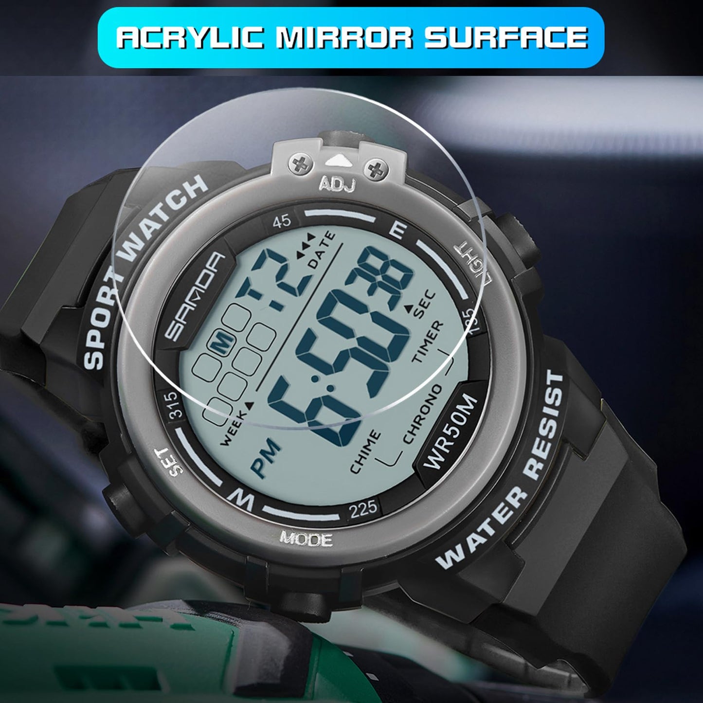 Sports Watches for Men Digital, Big Face LED Dial Easy to Read Time Wrist Watch with Countdown Timer Dual Time 5Bar Waterproof