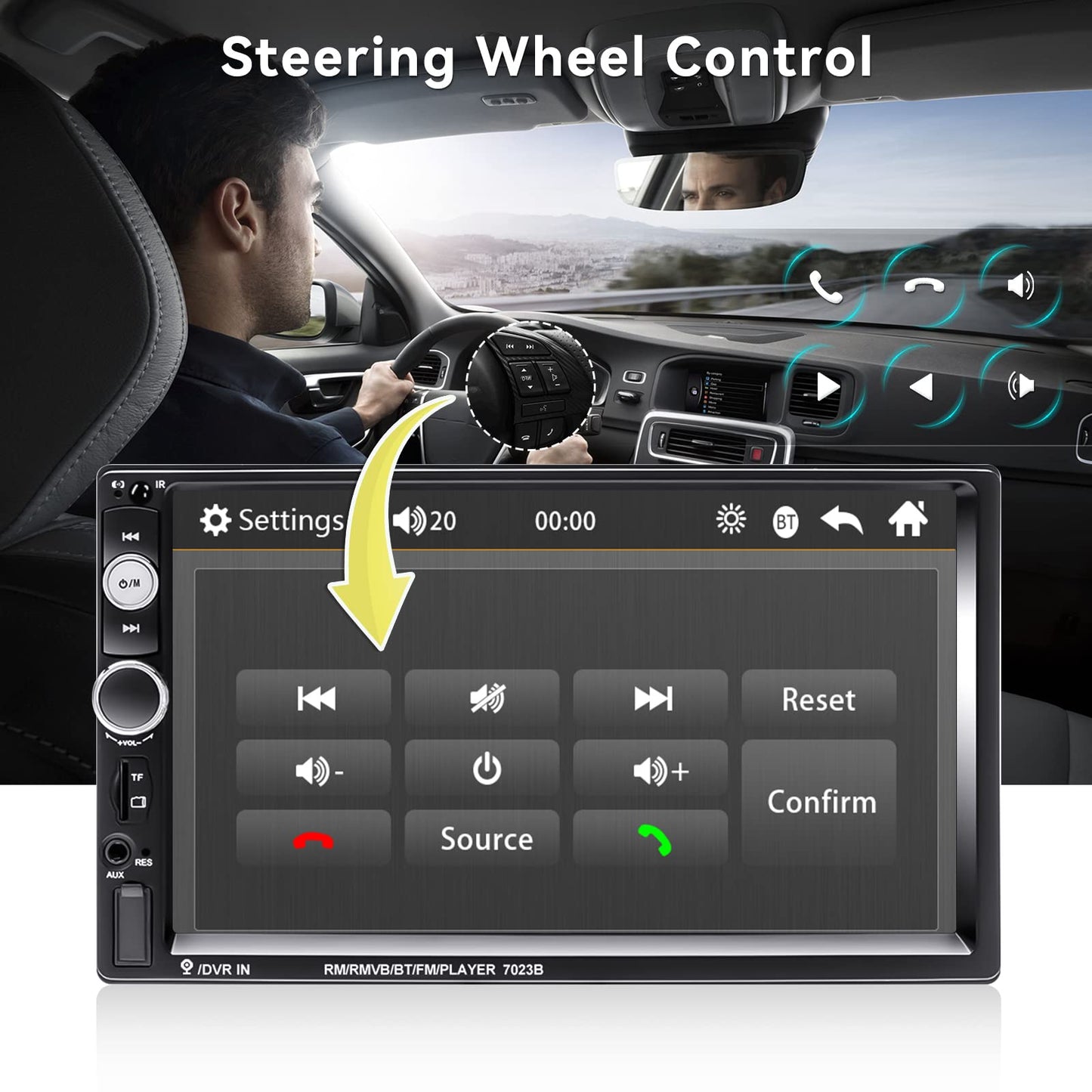 CAMECHO 7" Double Din Car Stereo Audio Bluetooth MP5 Player USB FM Multimedia Radio+ 4 LED Mini Backup Camera with Steering Wheel Remote Support Mobile Phone Synchronization (Used in Android/iOS)