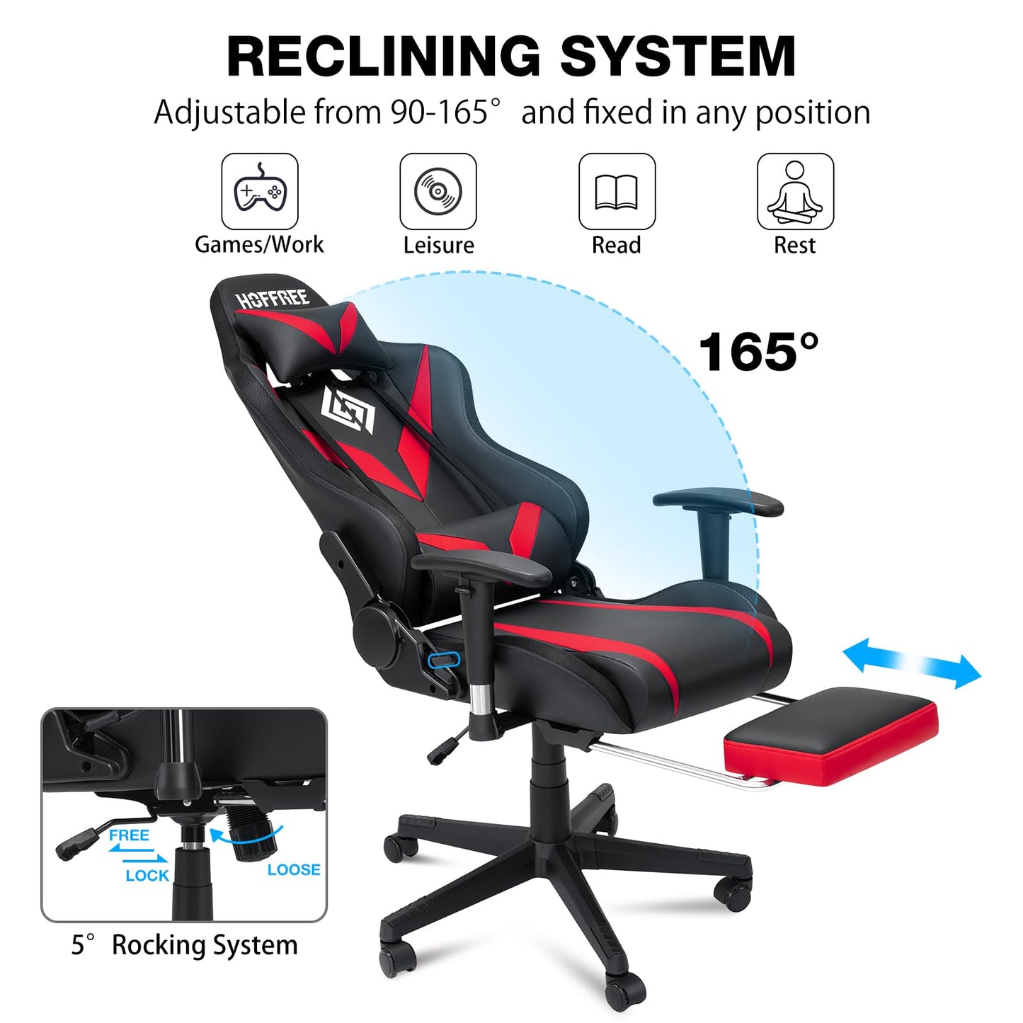 HOFFREE RGB Gaming Chair with Bluetooth Speakers Racing Gamer Chair Massage and Led Lights Swivel Game Chair with Footrest High Back Computer Desk Chair Red and Black
