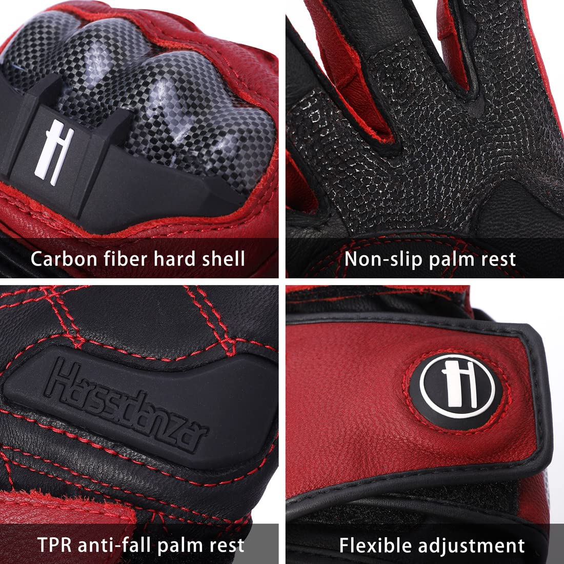 Harssidanzar Leather Motorcycle Gloves for Men and Women,Powersports Carbon Fiber Knuckle Protection Motorbike Gloves KM045,Oxblood/Black, Size M