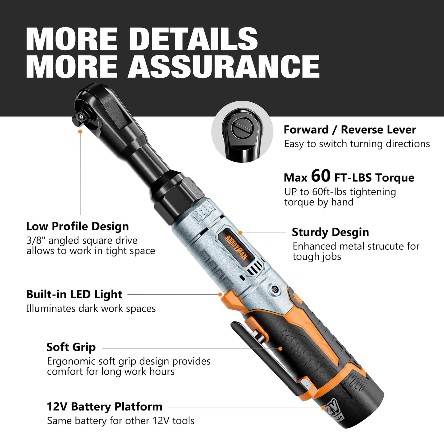 3/8" Cordless Ratchet Wrench Set, 60FT-LBS(80N.m) Electric Ratchet, 12V Extended Power Ratchet Wrench Set with Variable Speed, 6 Sockets, LED Light, 1/4" Adapter,1/2" Adapter,2 Batteries