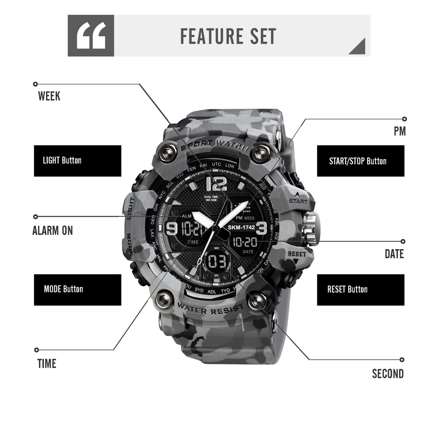 Dayllon Mens Digital Sports Watch 50M Water Resistant Military Backlight Stopwatch LED Screen Countdown Watches 1742 Grey