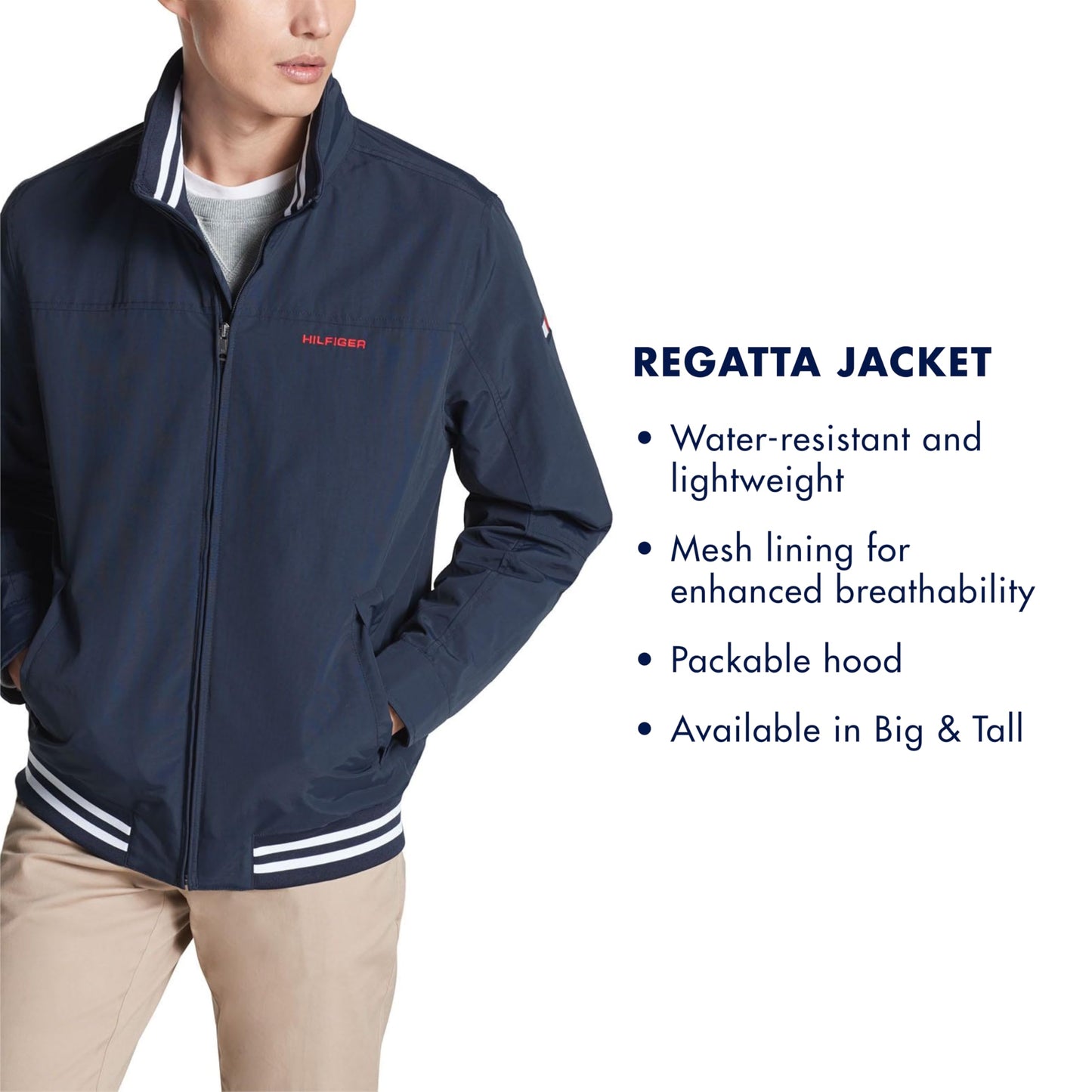 Tommy Hilfiger Men's Lightweight Waterproof Regatta Bomber Jacket, Sustainable Desert Sky, MEDIUM