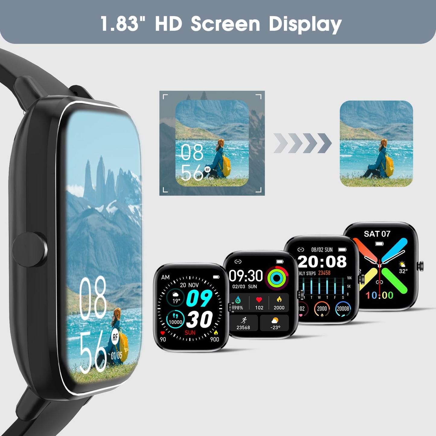 Smart Watch for Android iPhone-Call Receive/Dial/Read Message/AI Control-1.83" HD Screen-IP67 Waterproof Fitness Smartwatch-Blood Pressure/Heart Rate/SpO2/Sleep Monitor-Sport Tracker for Women Men