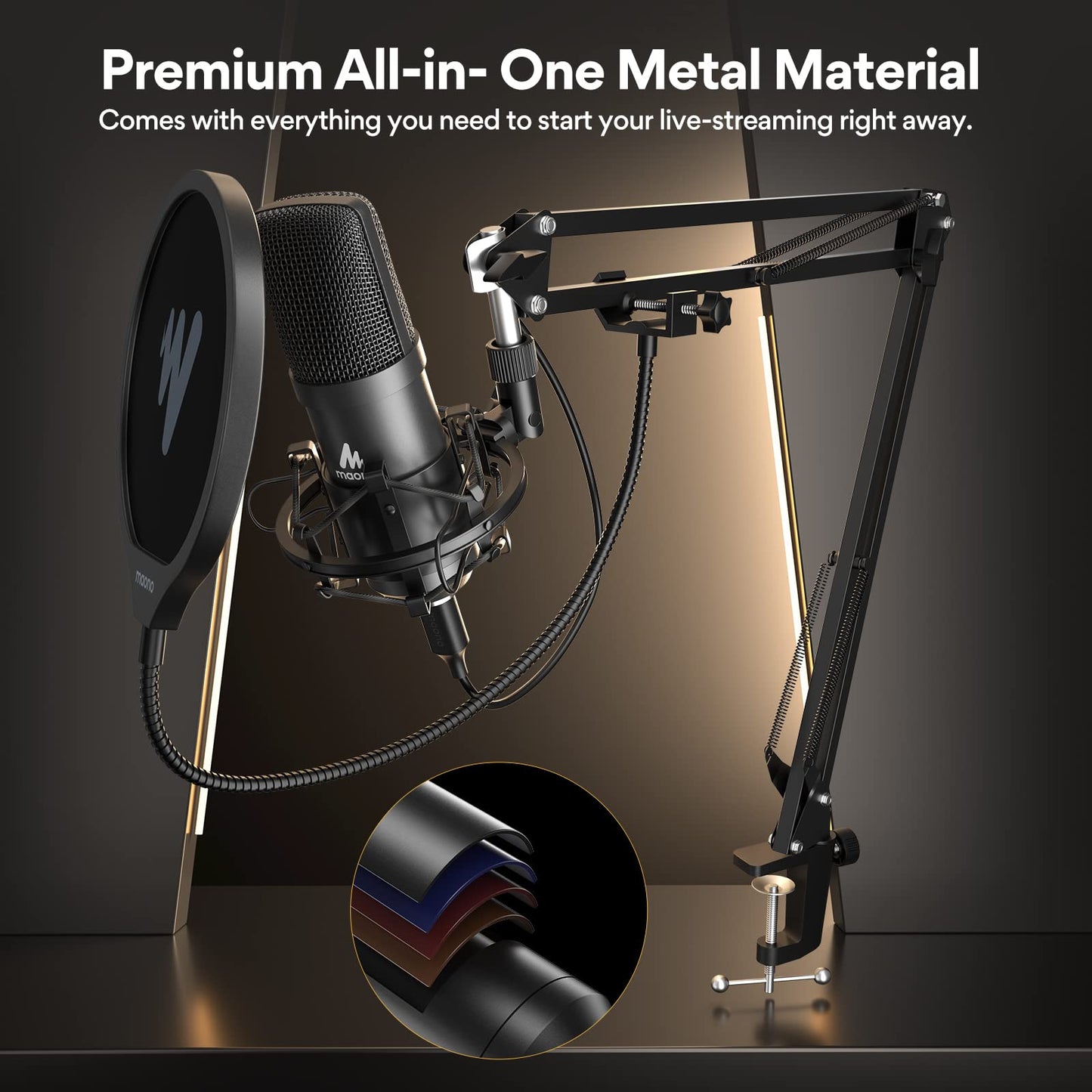 MAONO Podcast Microphone, USB Computer Mic for PC with Software, Boom Arm and Shock Mount for Singing, Recording, Streaming, Gaming, YouTube (AU-A04E) Black