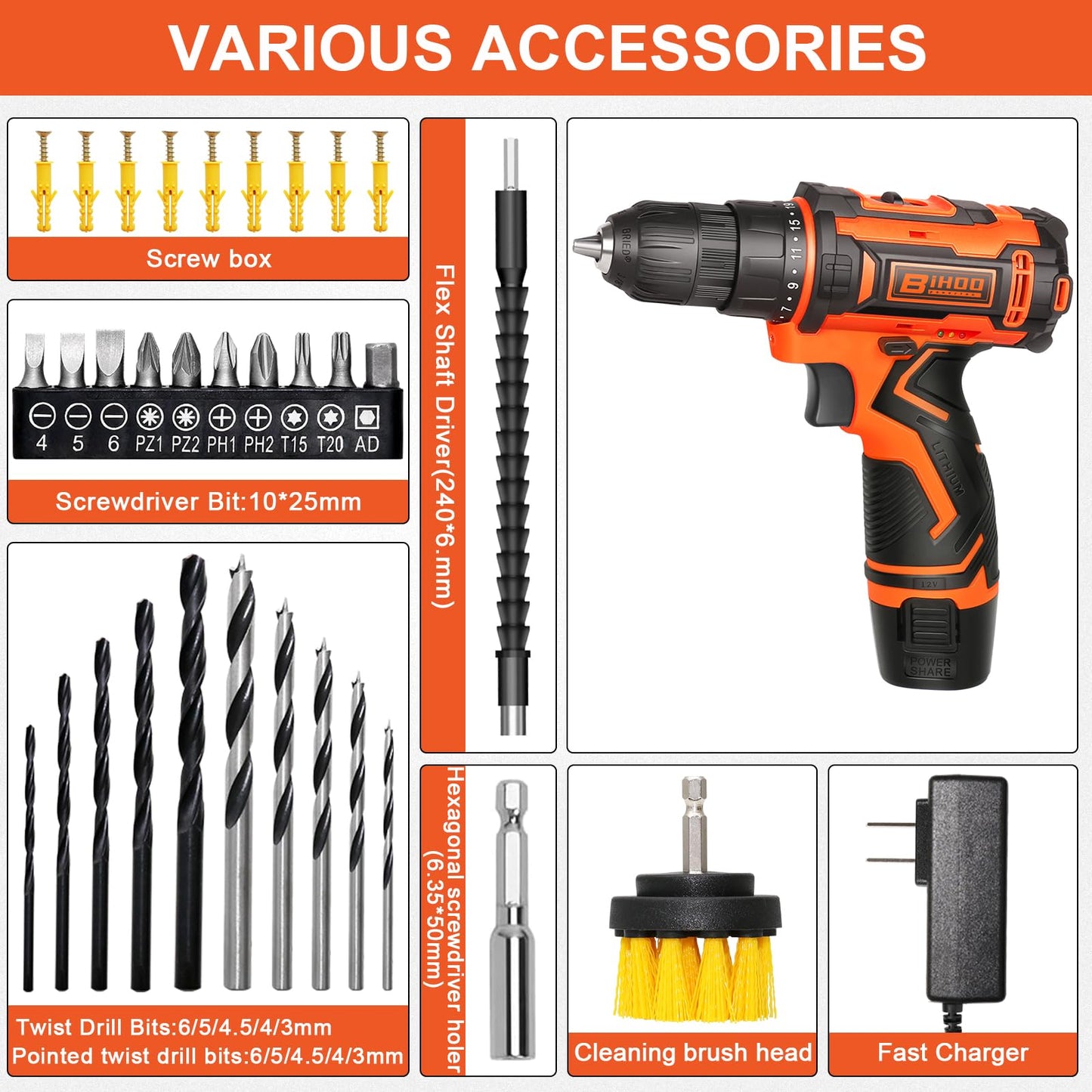 12v Drill Driver Set,Cordless Drill with Battery and Charger,LED Tools Kit,25+1 Torque Setting and 43pcs Bits