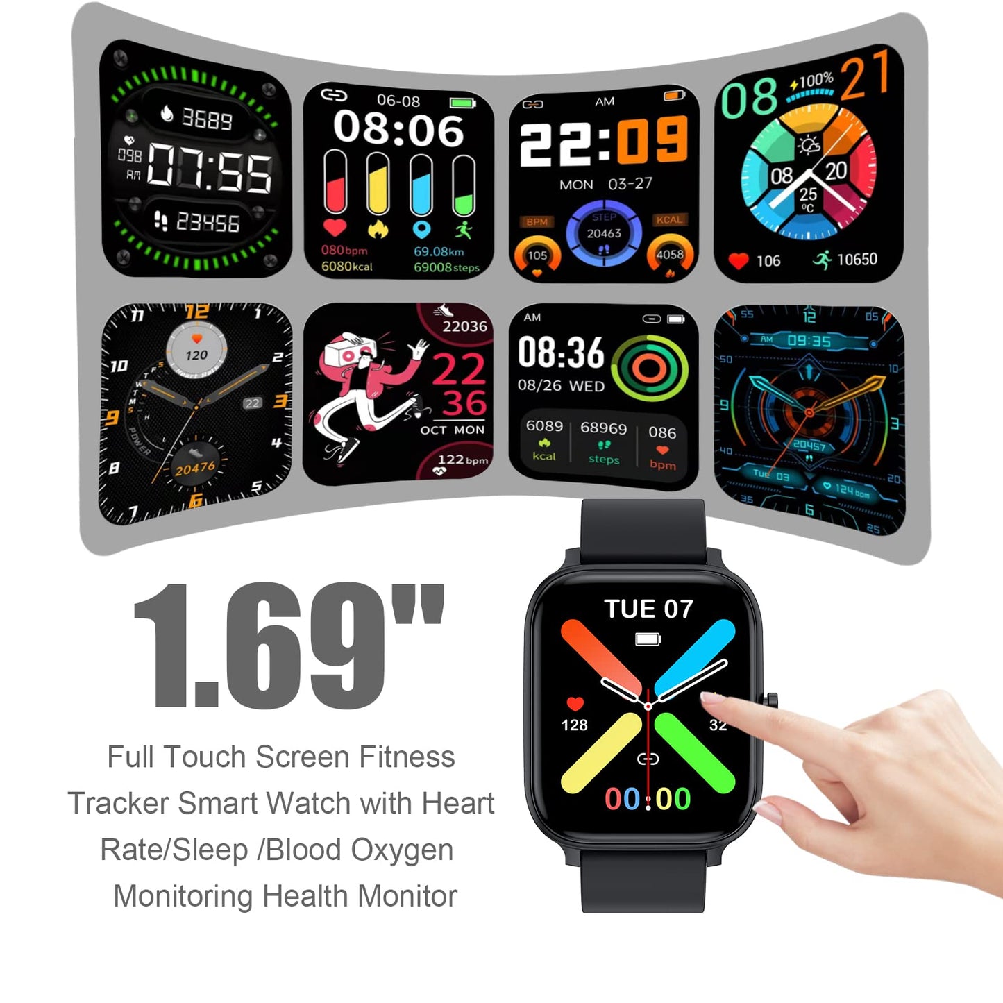 Smart Watch for Men Women Compatible with iPhone Samsung Android Phone 1.69 inch Full Touch Screen IP68 Waterproof Bluetooh Fitness Tracker Heart Rate/Sleep Monitor (Black)