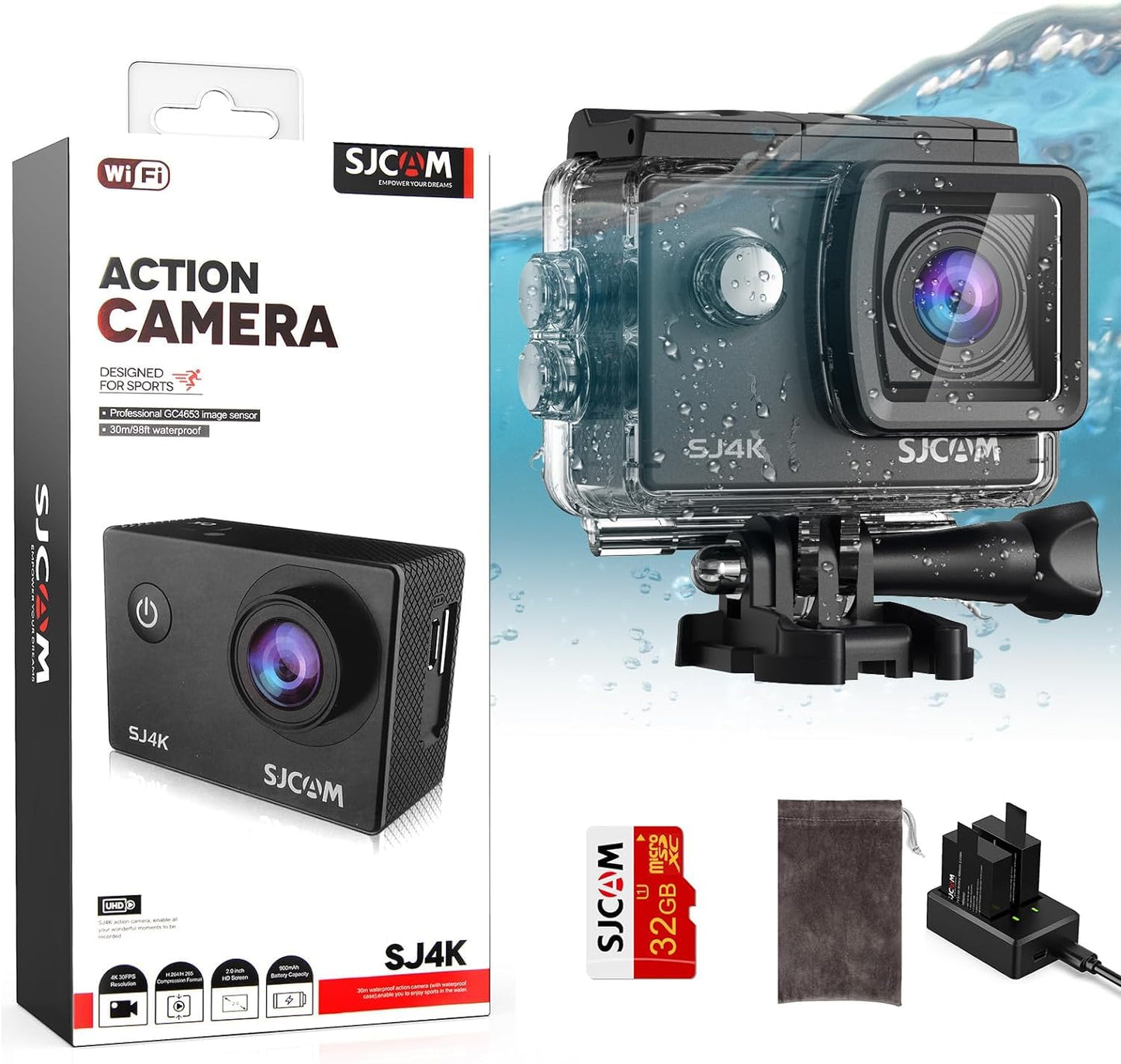 SJCAM SJ4000 Action Camera 4K, 40MP Waterproof Camera Underwater, OIS Stabilization Motorcycle Sport Camera, 170°FOV, 5X Zoom, Dual Batteries, 32G SD Card and Helmet Mount Accessories Kits
