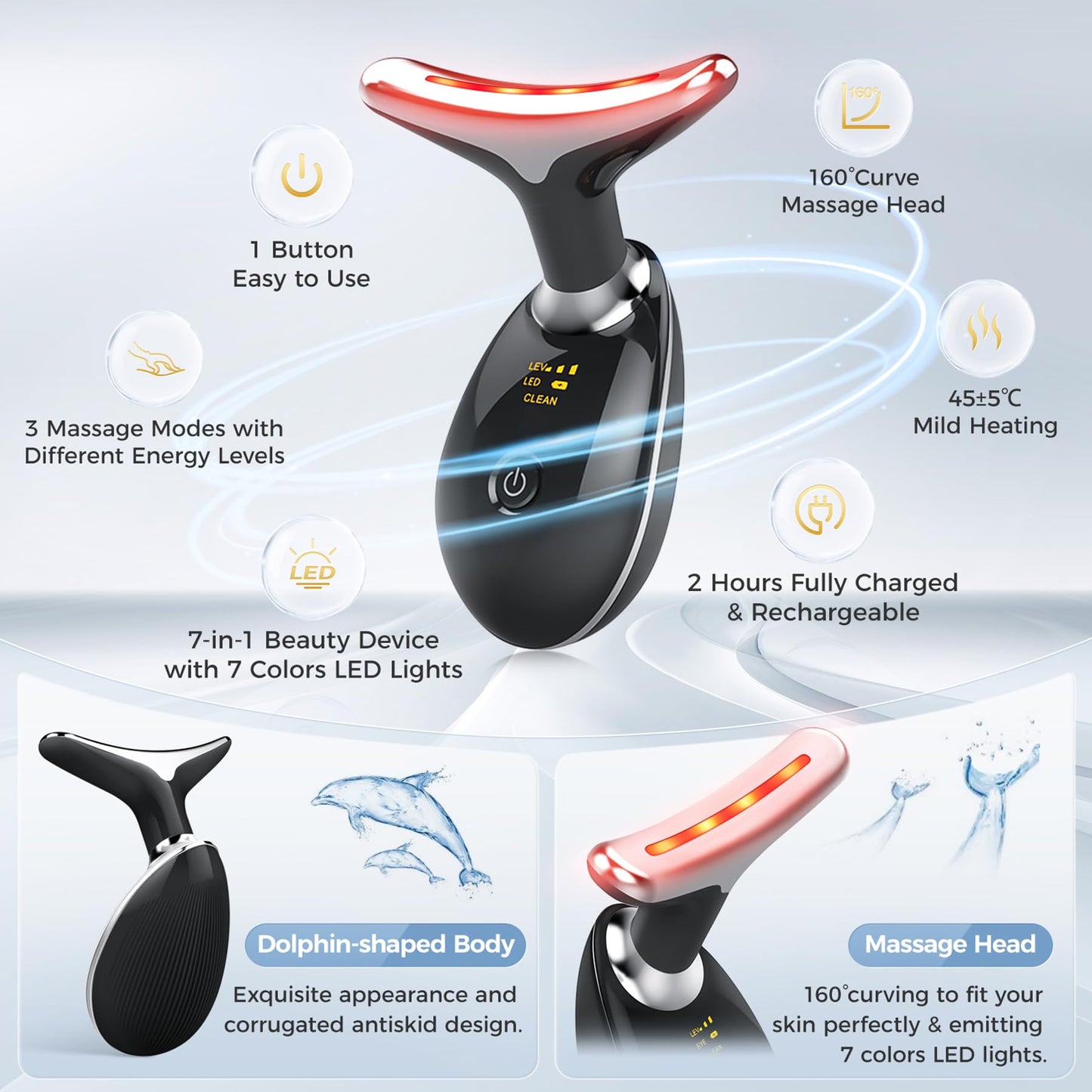 MCSYPOAL 7-in-1 Deplux Face Neck Massager for Skin Care at Home, Facial Massager Glossy Black