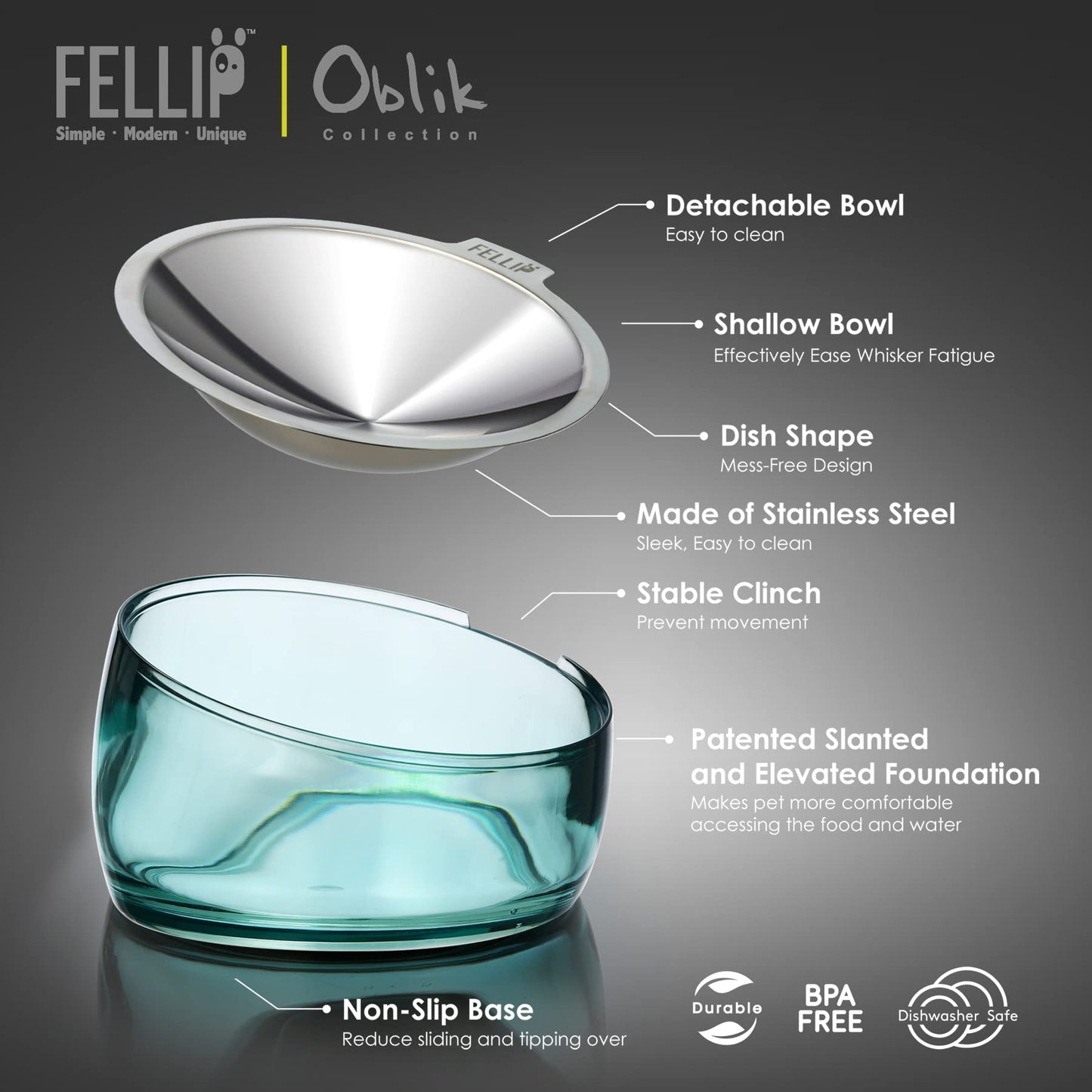 Felli Oblik Elevated Cat Bowl Whisker Fatigue Stainless Steel Shallow Dish, Tilted Anti Vomit, Non Spill Flat Plate for Small Dog Pet, Raised Stand + Metal Feeder for Dry Wet Food (0.5Cup, Classic)