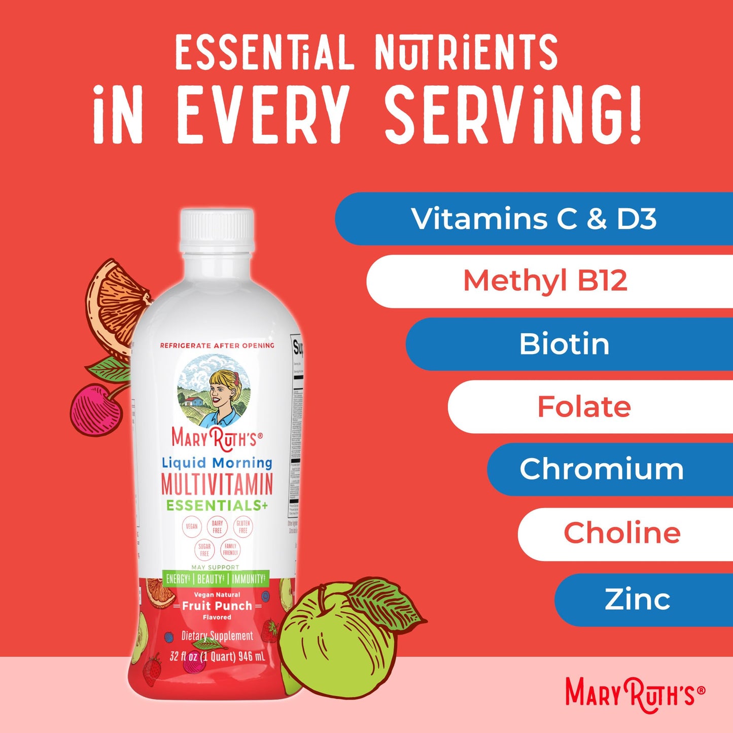 MaryRuth Organics Multivitamin for Women Men & Kids | Sugar Free | Vegan | Vitamin A, C, D, E, B12, Zinc | Daily Vitamins for Kids, Mens, Womens | Energy & Beauty Booster Multimineral | 32 Fl Oz