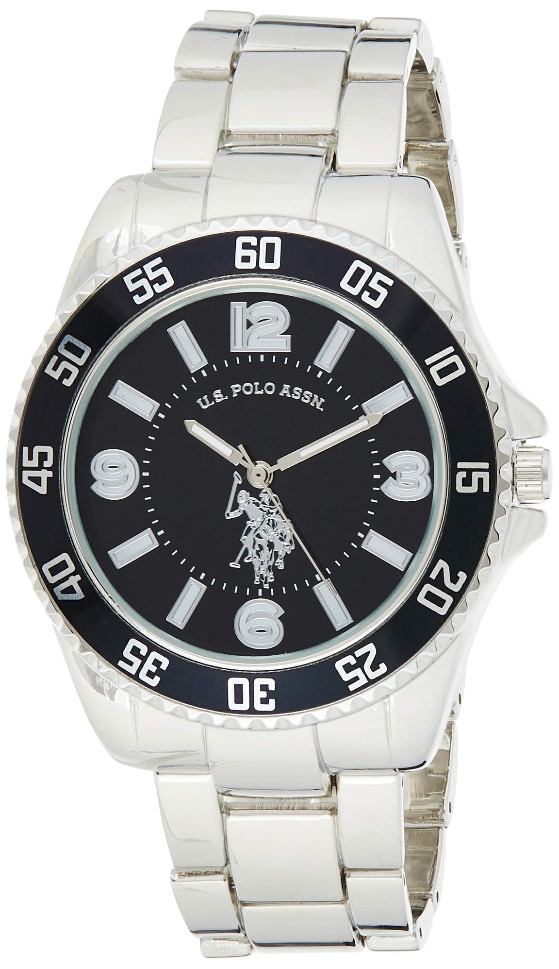 Accutime U.S. Polo Assn. Men's Silver-Toned Watch with a Black Dial, Automatic Quartz Metal/Alloy, Fold-Over-Clasp Watch - USC80515