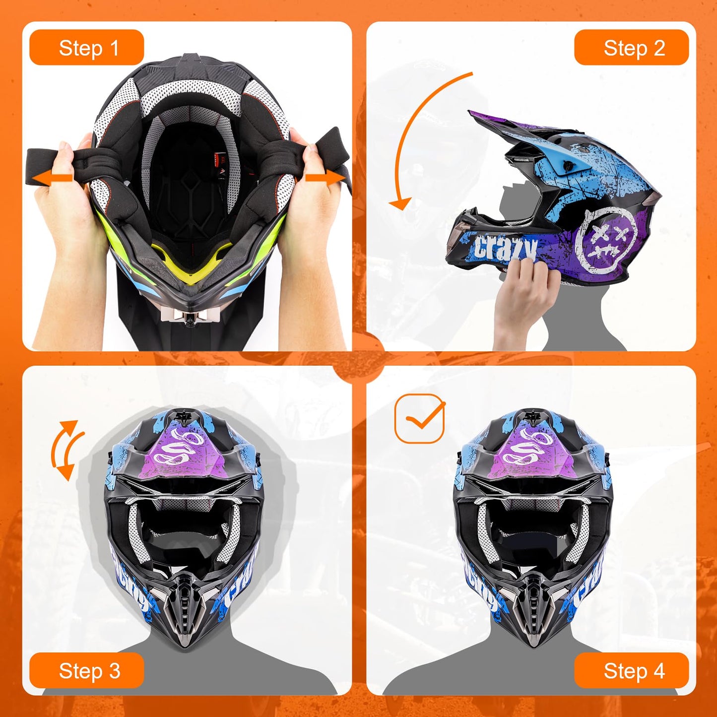 OUMURS Adult ATV Dirt Bike Helmet with Gloves & Mask Adjustable Sun Visor Motorcycle Adult Helmet Off-Road Motocross Downhill Moped MX for Unisex-Adult-Crazy Blue, L