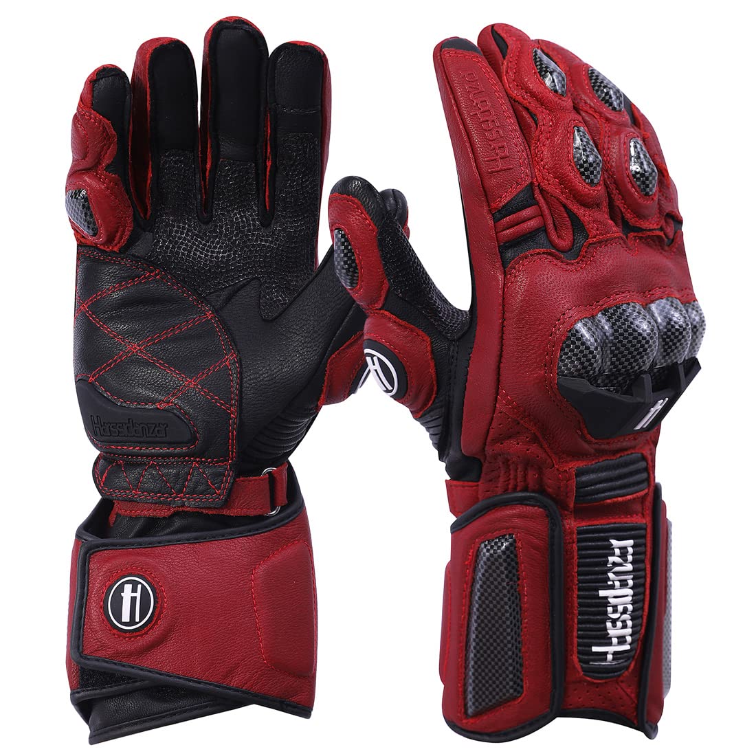 Harssidanzar Leather Motorcycle Gloves for Men and Women,Powersports Carbon Fiber Knuckle Protection Motorbike Gloves KM045,Oxblood/Black, Size M