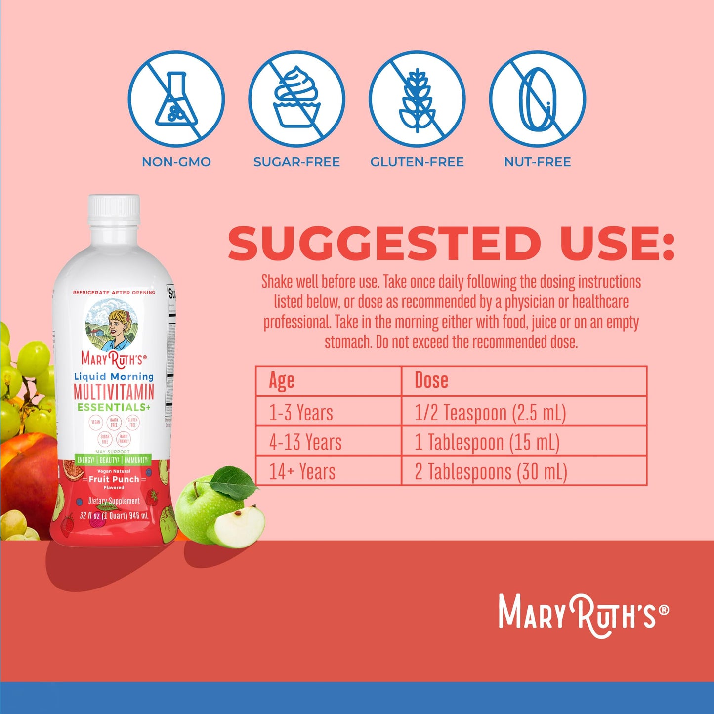 MaryRuth Organics Multivitamin for Women Men & Kids | Sugar Free | Vegan | Vitamin A, C, D, E, B12, Zinc | Daily Vitamins for Kids, Mens, Womens | Energy & Beauty Booster Multimineral | 32 Fl Oz