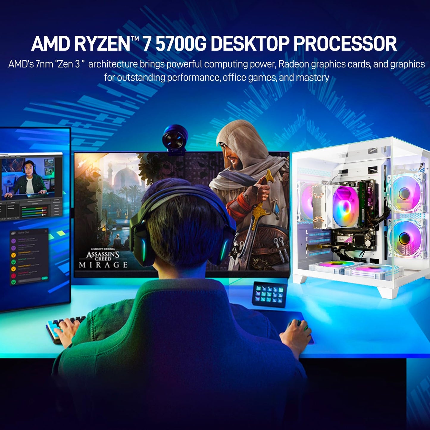 LXZ Desktop Computer AMD Ryzen 7-5700G 8 core 3.9GHz, 16G DDR4 RAM, 1TB NVME SSD, Tower Computer for Gaming, Home and Office (White)