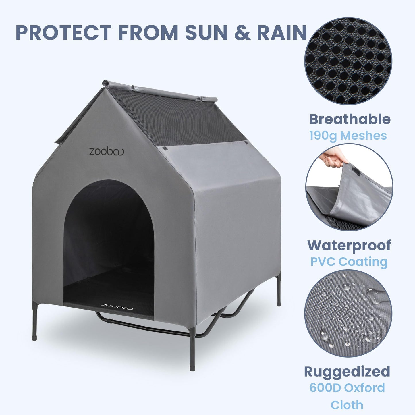 Zooba 48" X-Large Dog House, Dog House for Large Dogs Indoor or Outside, Weatherproof 600D PVC Dog House Outdoor, Featuring Breathable 2x1 Textilene Elevated Dog Cooling Bed, Easy to Clean