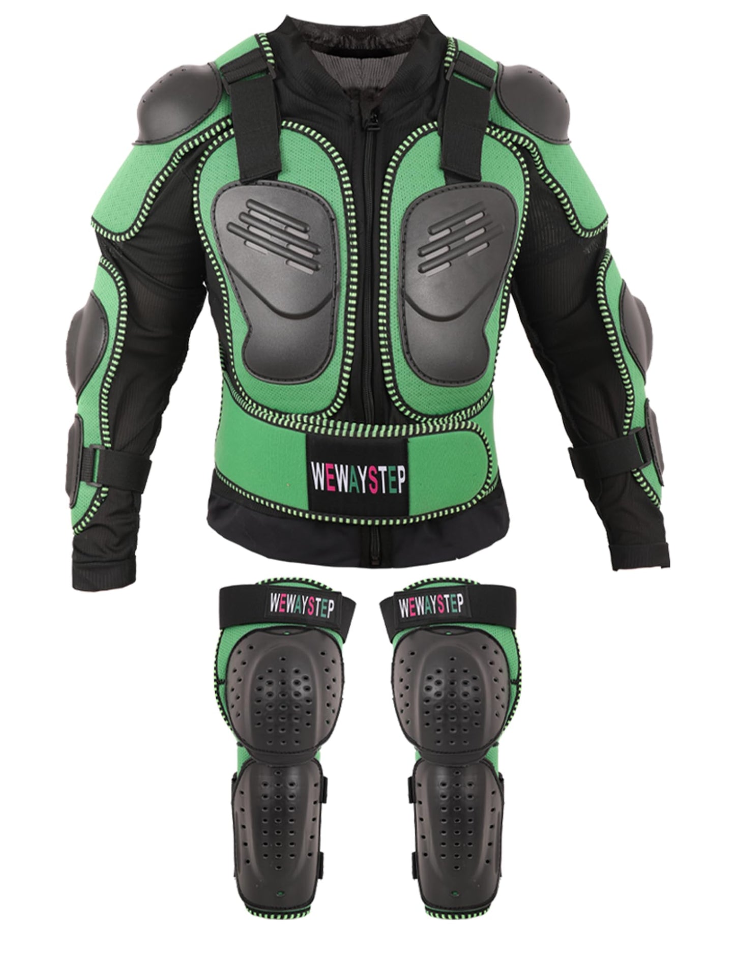 Kids Motorcycle Jacket Dirt Bike Gear,Motocross Spine Chest Protector Armor Suit with Knee Shin Guards Full Body Armor Jacket (US, Alpha, Medium, Regular, Green)