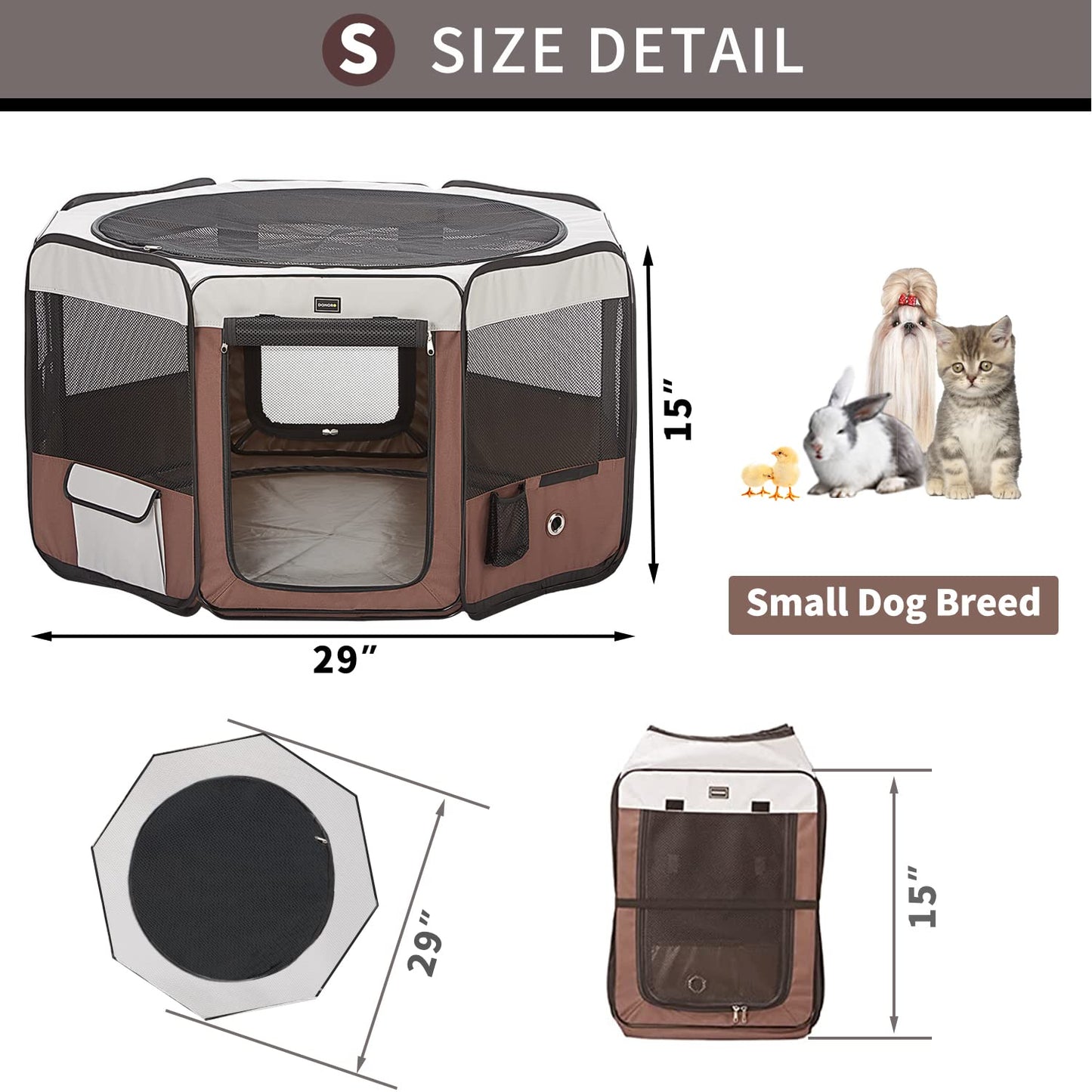 DONORO Dog Playpen 29" Portable Pet Play Pens for Small Dog/Cat/Rabbit/Chicks, Cat Playpen Indoor/Outdoor with Carring Case, Removable Zipper Top and Bottom (Brown, Small (29"x29"x15"), 8)