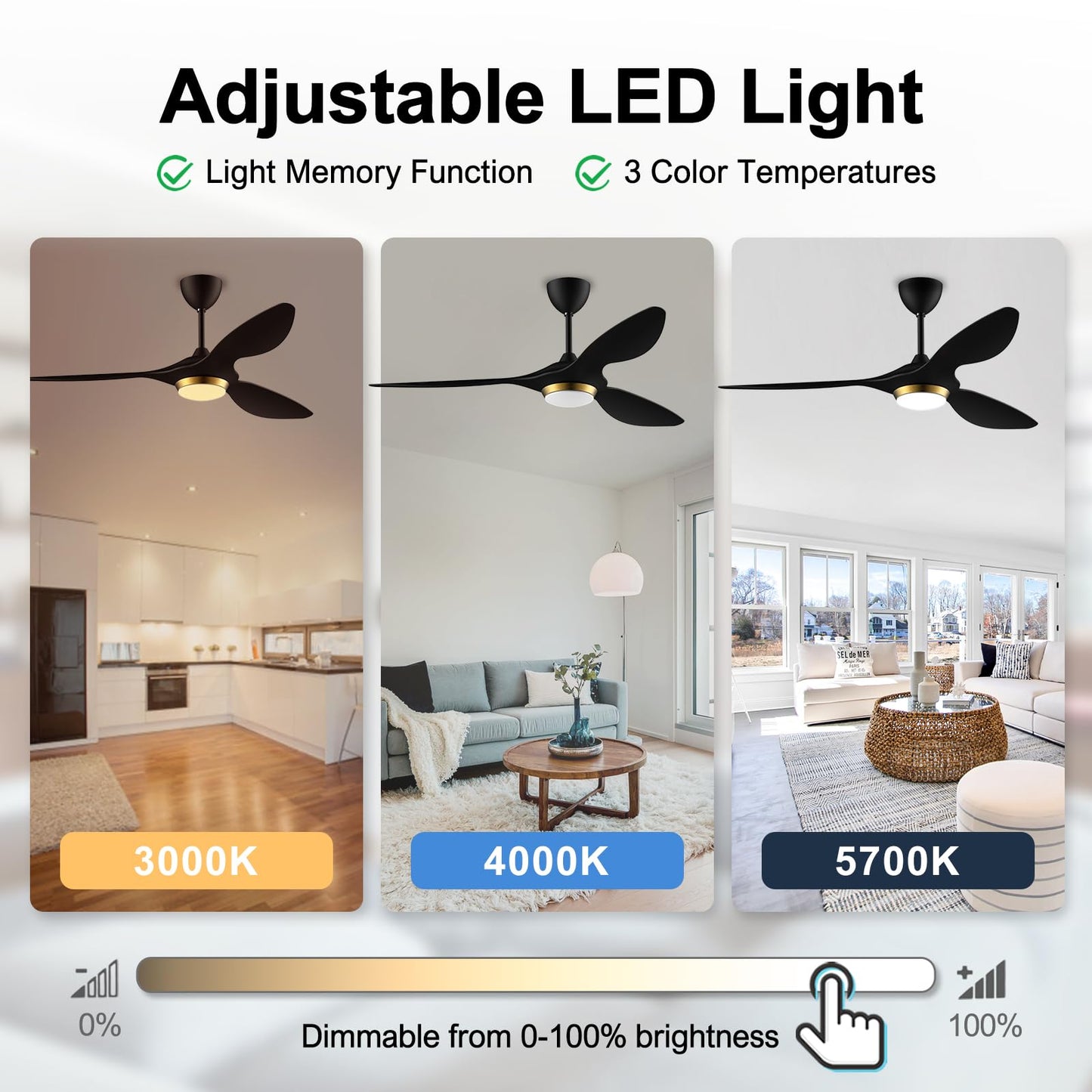 reiga 52 Inch Black Modern Ceiling Fans with Lights and Remote Control, Smart WiFi 3 Blades Quiet DC Motor for Living Room Bedroom Patio Garage, ETL Listed