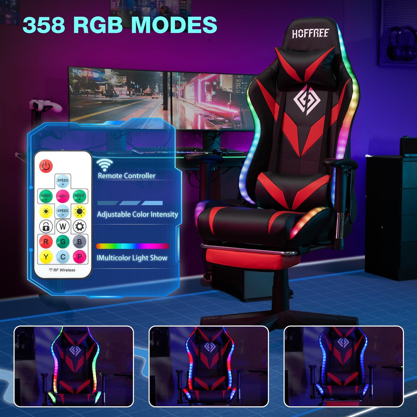HOFFREE RGB Gaming Chair with Bluetooth Speakers Racing Gamer Chair Massage and Led Lights Swivel Game Chair with Footrest High Back Computer Desk Chair Red and Black