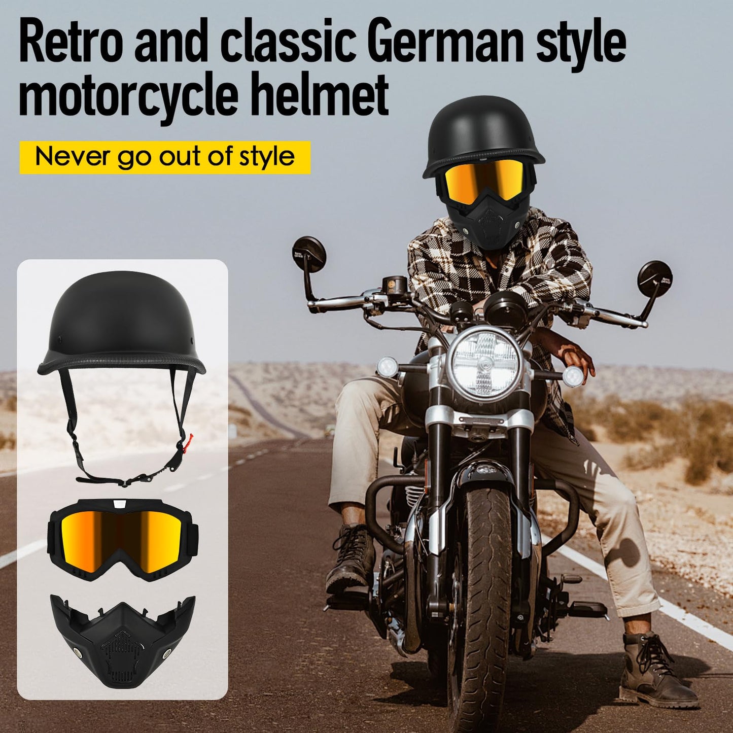 Motorcycle Helmet German Style Half Helmet Skull Cap Adult Men Women Half Shell Helmet, DOT Approved Retro Half Face Helmet for Cruiser Scooter Chopper (3Matt Black,X-Large)