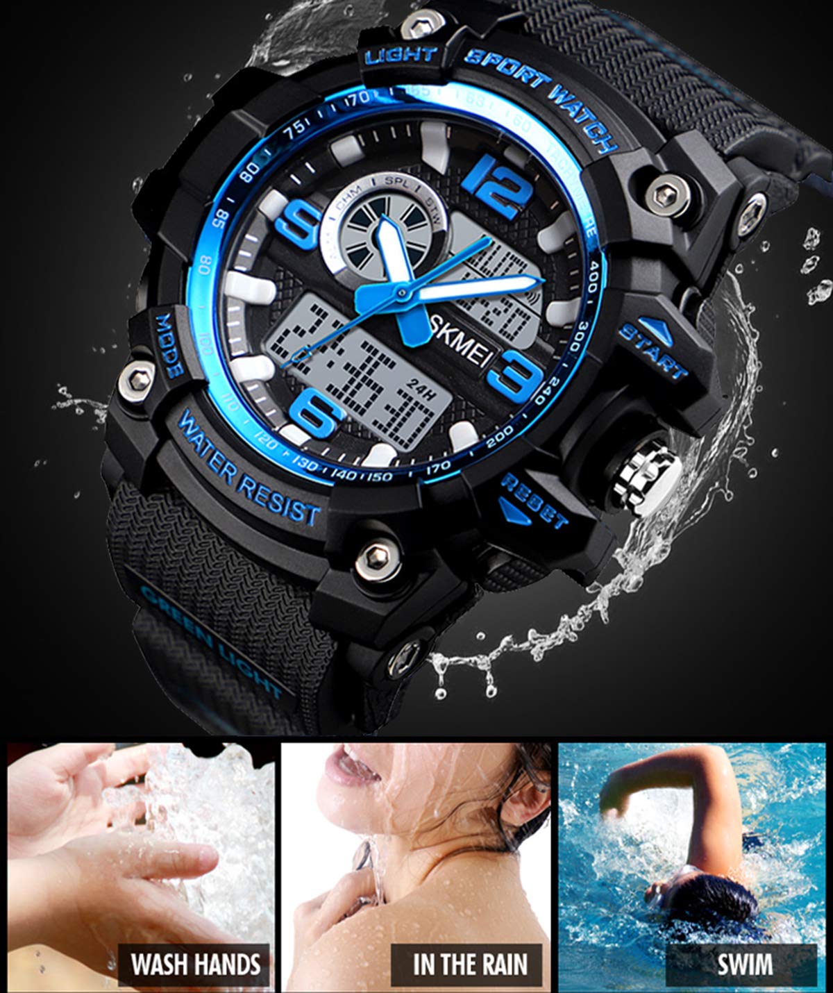 Mens Military Watch Digital Waterproof Wrist Watches Outdoor Sport Multifunction Casual Dual Display 12H/24H Stopwatch Calendar Watch - 1436 Small Black Blue