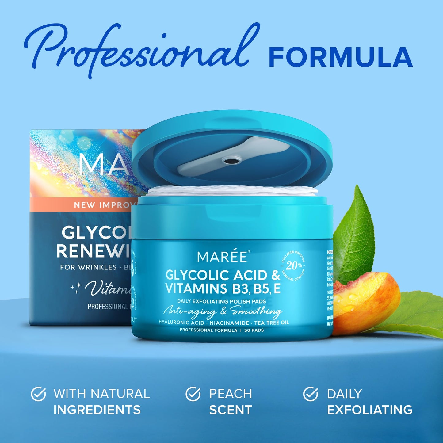 MAREE Glycolic Acid Pads - Toner Pads for Face Cleansing - Tea Tree Oil, Salicylic Acid & Vitamins E, B3, B5 - Facial Peel & Radiance Deep Cleaning Effect - 50 Pads