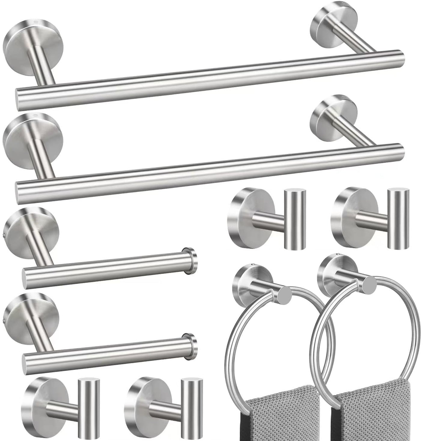 Toptowel 23.6inch 10 Sets Bathroom Towel Rack Set Brushed Nickel, Includes 2 Packs 23.6Inch Towel Bar, 2 Packs Towel Ring, 2 Packs Toilet Holder and 4 Packs Towel Hooks-Brushed Nickel