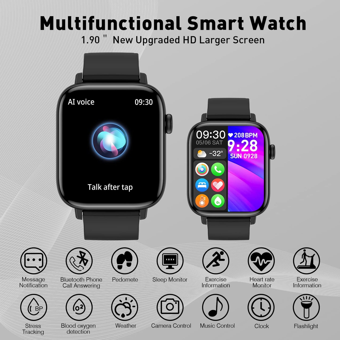 Smart Watch, 1.90" Smartwatch for Men Women (Answer/Make Call), Fitness Watch with 120+ Sport Modes, Heart Rate/Sleep Monitor/Pedometer, Activity Trackers for Android/iOS Phones - IP68 Waterproof