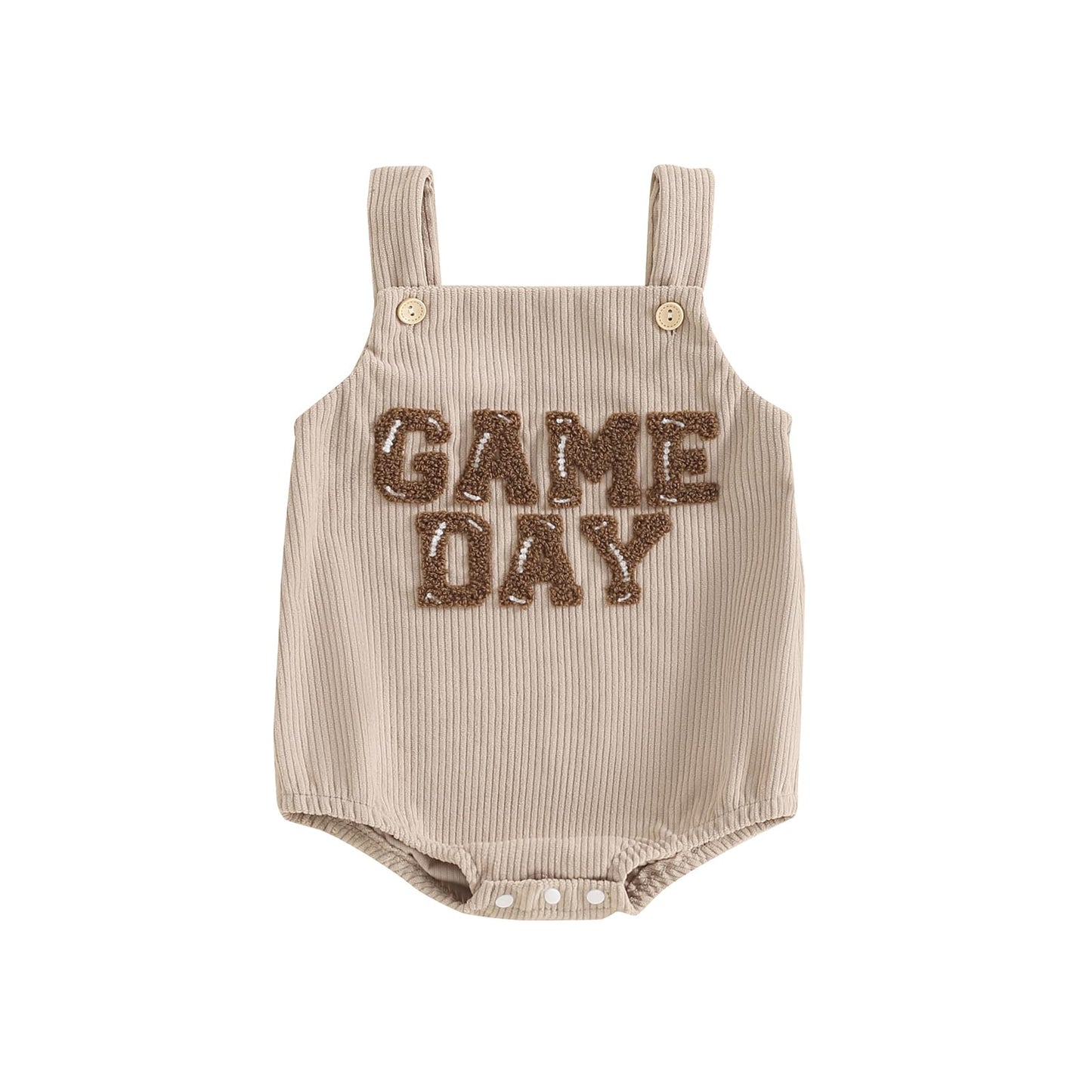 Dewadbow Newborn Football Outfit Boy Girl Football Game Day Embroidery Onesie Overalls Sleeveless Corduroy Romper Clothes (Beige, 12-18 Months)