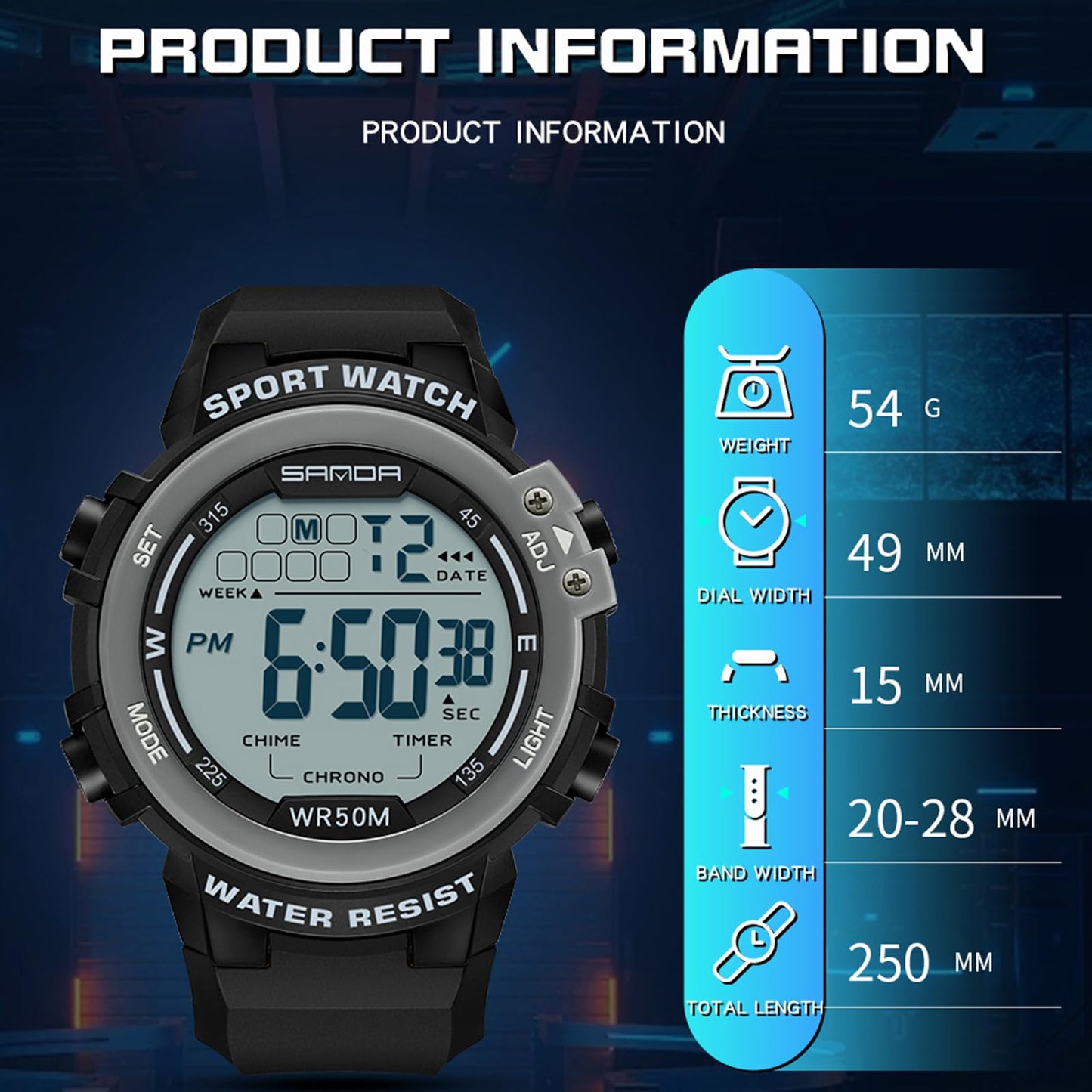 Sports Watches for Men Digital, Big Face LED Dial Easy to Read Time Wrist Watch with Countdown Timer Dual Time 5Bar Waterproof