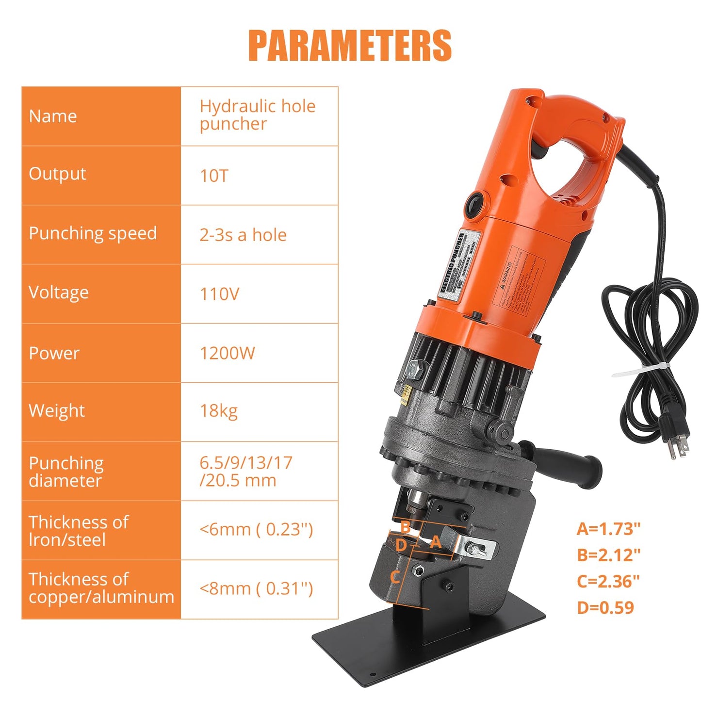 Electric Hydraulic Hole Punch for Metal Φ1/4"-4/5", 1200W 110V Hole Puncher Machine Constuction Tools, Hole Punching with Carbon Brush 5 Dies for Steel Iron Aluminum Plate, Copper