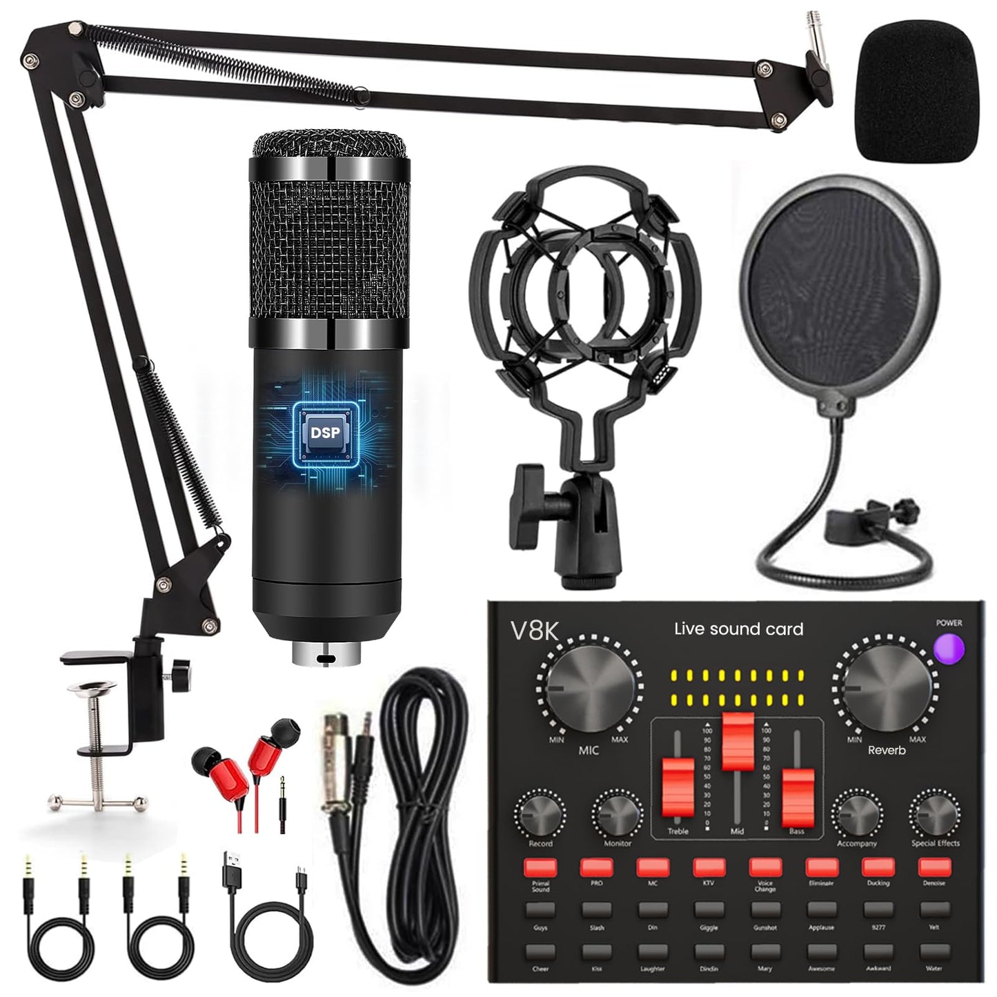 Podcast Equipment Bundle, Audio Interface with Cardioid Designer BM800 Mic for Gamer and All-in-One DJ Mixer, Perfect for Live Streaming, Singing, YouTube, Gaming