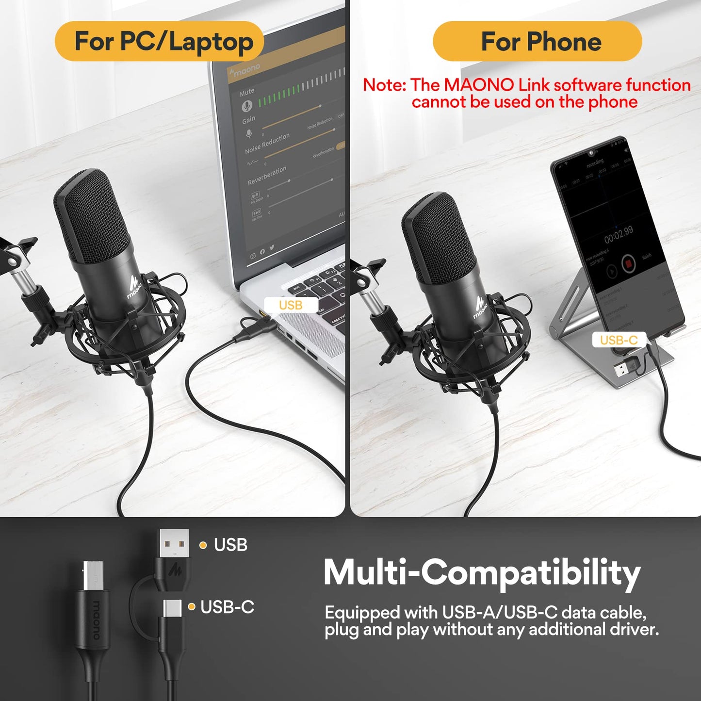 MAONO Podcast Microphone, USB Computer Mic for PC with Software, Boom Arm and Shock Mount for Singing, Recording, Streaming, Gaming, YouTube (AU-A04E) Black