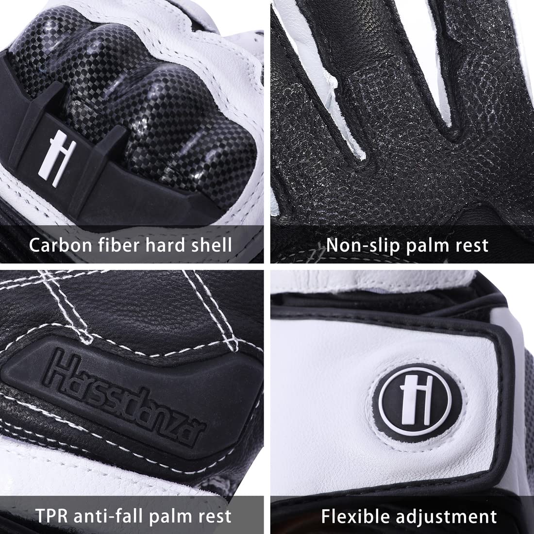 Harssidanzar Men and Women Leather Motorbike Motorcycle Gloves,Powersports Carbon Fiber Knuckle Protection Motorcycles Gloves KM045,White/Black, Size XL