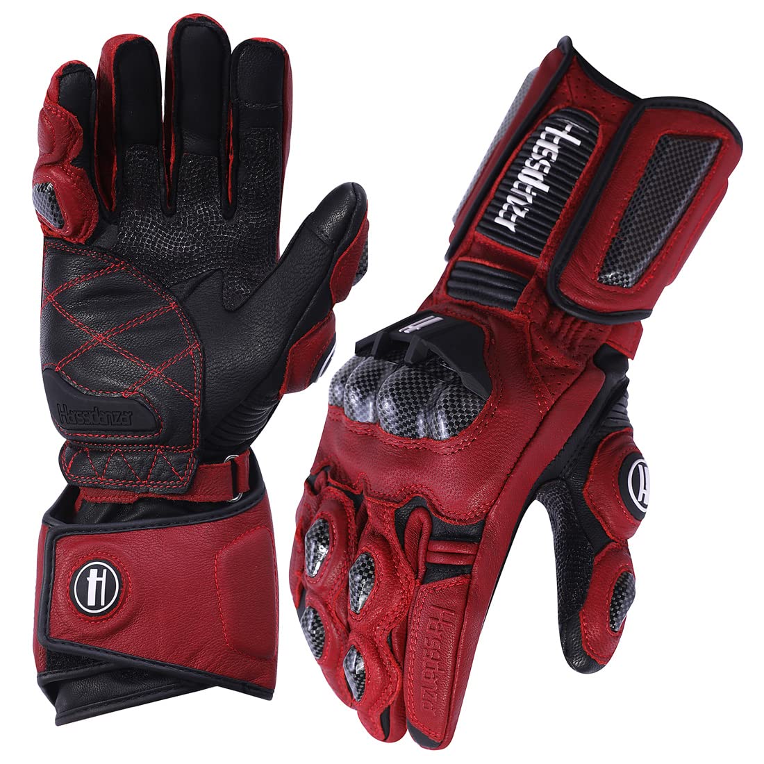Harssidanzar Leather Motorcycle Gloves for Men and Women,Powersports Carbon Fiber Knuckle Protection Motorbike Gloves KM045,Oxblood/Black, Size M