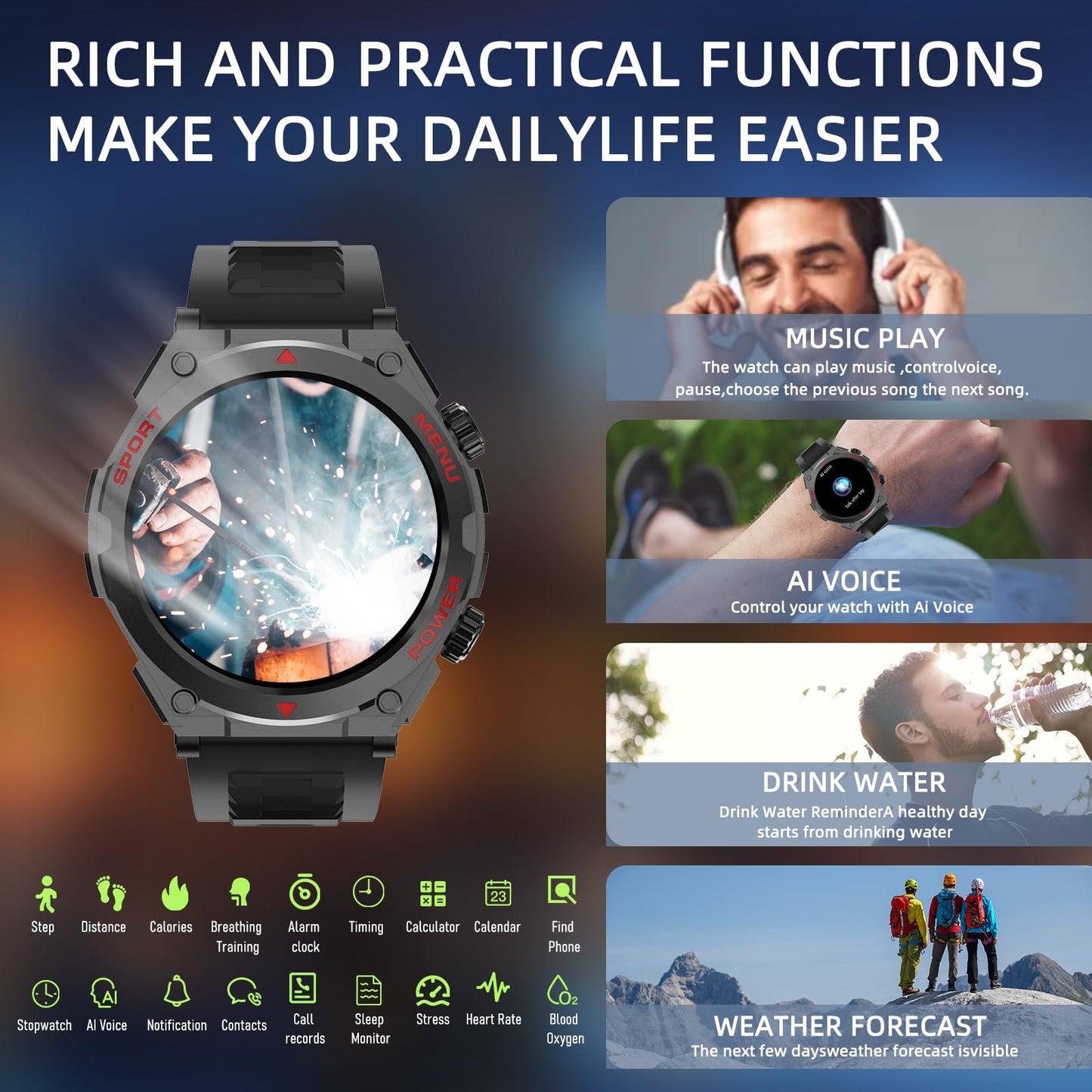 Military Smart Watch, 1.52-Inch Touch Screen Tactical Smartwatch with Text and Call, Heart Rate, Blood Oxygen, and Activity Trackers - Compatible with iPhone and Android, for Men and Women(Black)