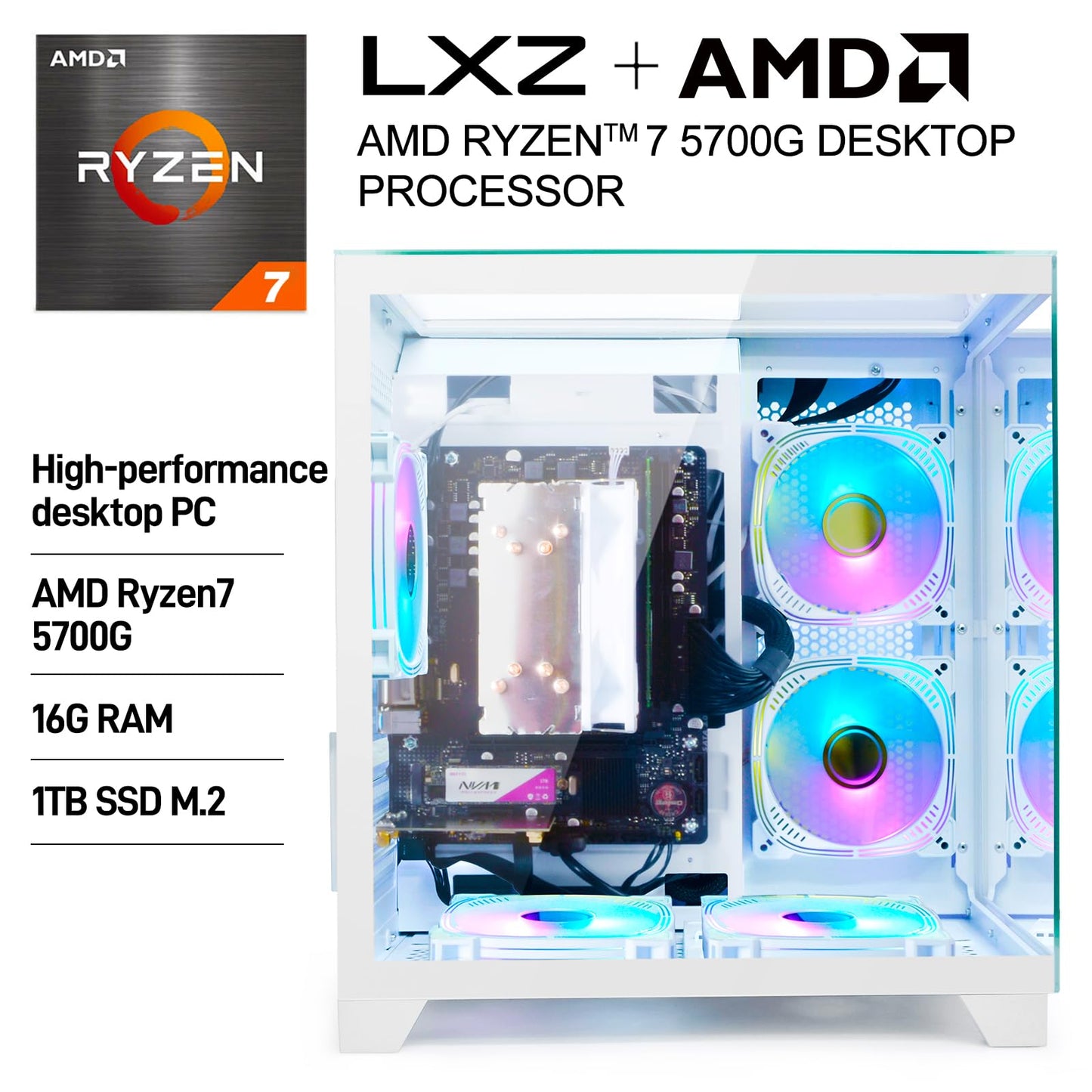 LXZ Desktop Computer AMD Ryzen 7-5700G 8 core 3.9GHz, 16G DDR4 RAM, 1TB NVME SSD, Tower Computer for Gaming, Home and Office (White)