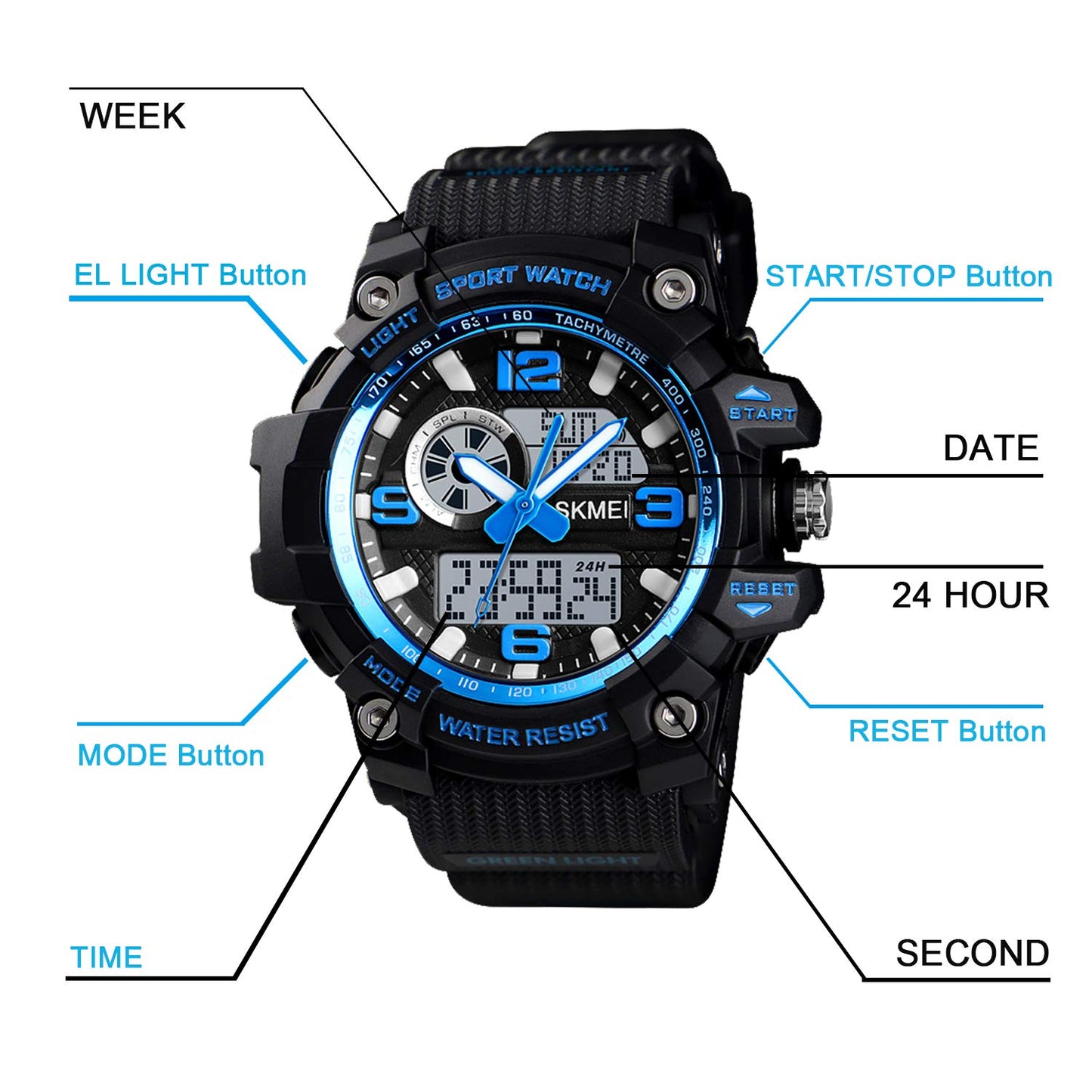 Mens Military Watch Digital Waterproof Wrist Watches Outdoor Sport Multifunction Casual Dual Display 12H/24H Stopwatch Calendar Watch - 1436 Small Black Blue