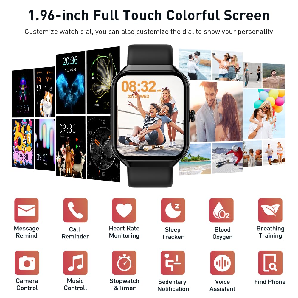 Smart Watch(Answer/Make Call), 1.96" HD Smartwatch for Men Women, 2025 New Fitness Watch with 110+ Sport Modes, Heart Rate, Sleep Monitor, Pedometer, IP68 Waterproof Activity Tracker for Android iOS