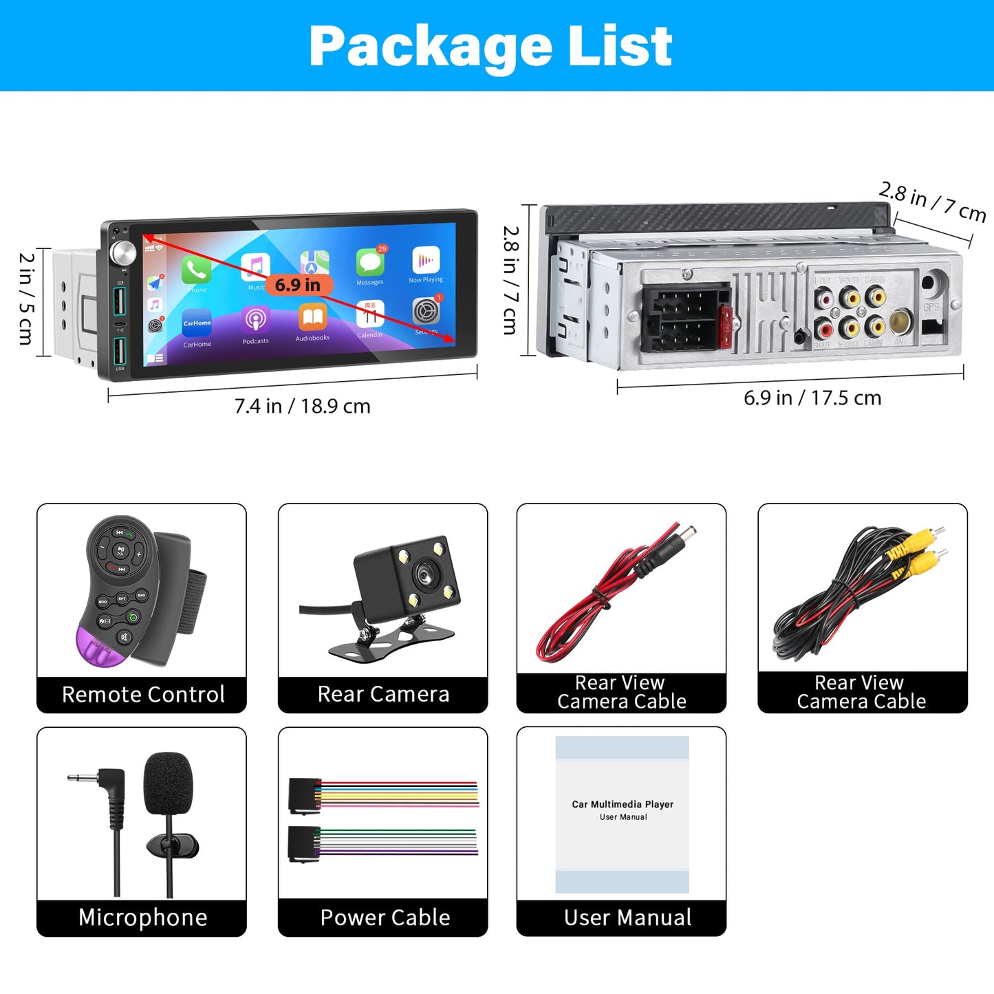 Single Din Car Stereo with Apple Carplay Android Auto,6.9 Inch IPS Touch Screen Car Stereo with Backup Camera, Car Raido Support Mirror Link Bluetooth Handsfree FM AM USB EQ SWC