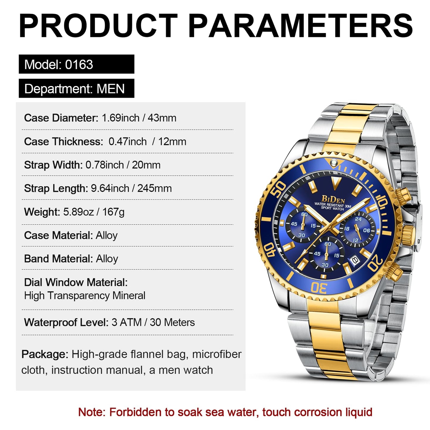 BIDEN Mens Watches Chronograph Gold Blue Stainless Steel Waterproof Date Analog Quartz Watch Business Casual Fashion Wrist Watches for Men