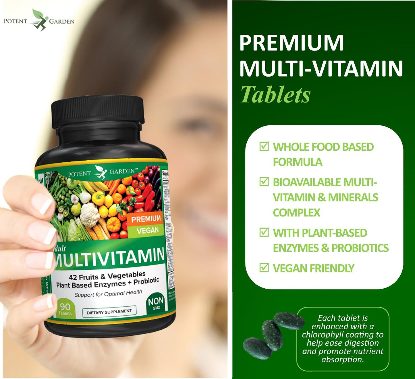 Potent Garden Adult Multivitamin for Women & Men, 42 Fruits & Vegetables Plus Probiotics, Supports Energy Metabolism & Immune System, Daily Multivitamin for Men & Women Non-GMO, 90 Tabs, 30 Servings