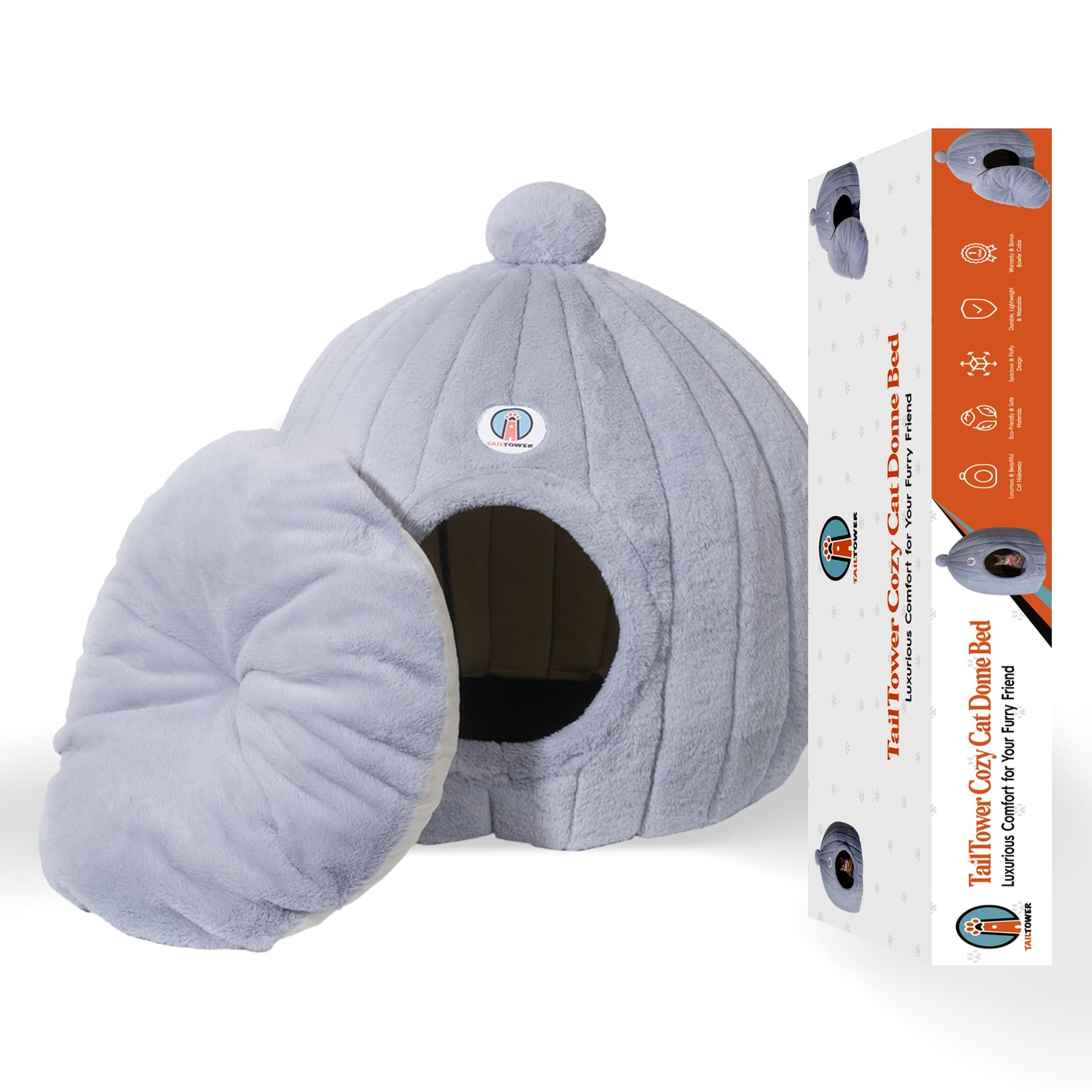 TAILTOWER Largest Cozy Dome Cat Cave Bed – Extra Spacious for Large Cats, Multi-Cat Homes & Small Dogs, Enclosed Plush Hideaway for Indoor Cats (24×23inch, Light Gray)