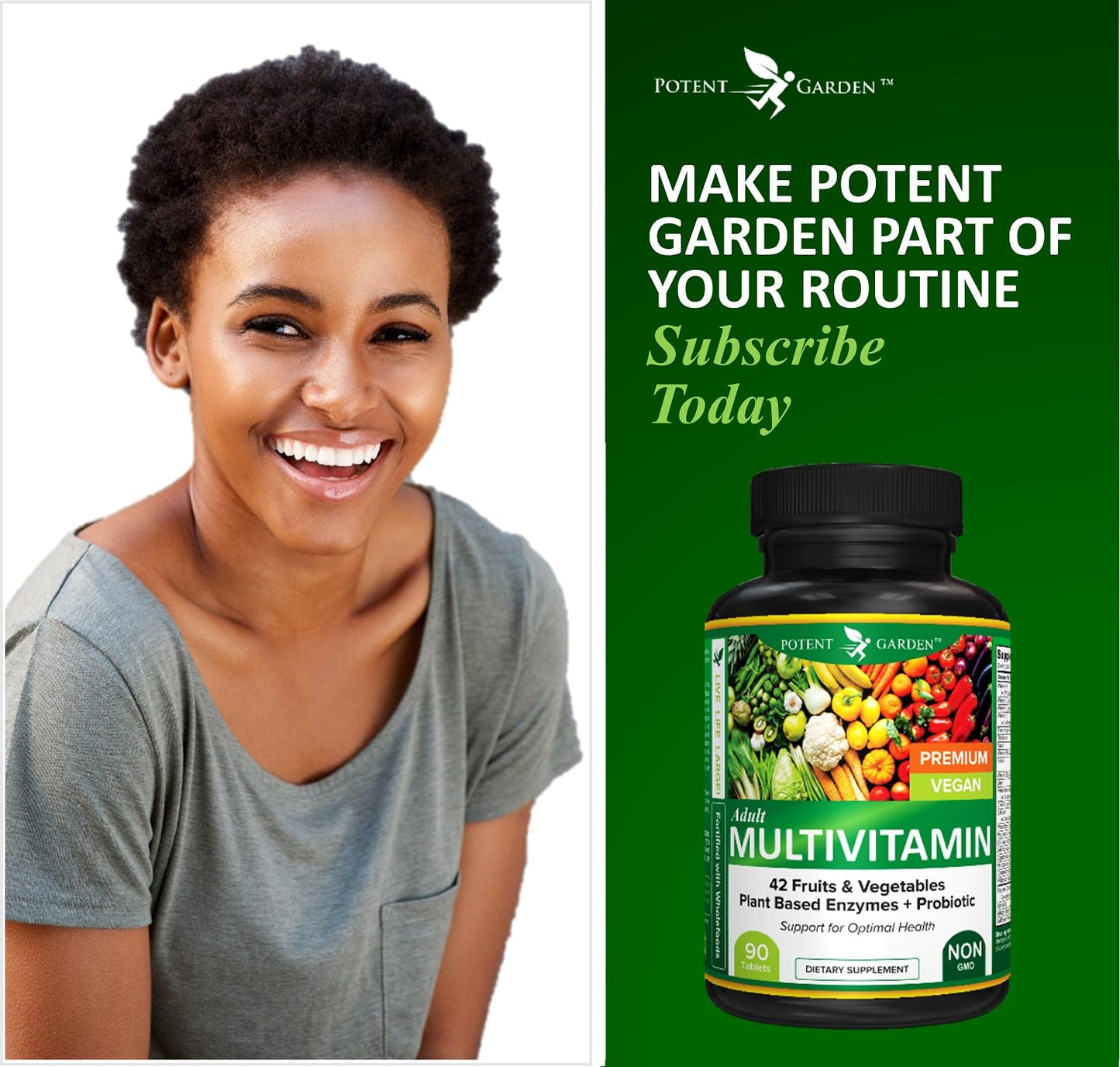 Potent Garden Adult Multivitamin for Women & Men, 42 Fruits & Vegetables Plus Probiotics, Supports Energy Metabolism & Immune System, Daily Multivitamin for Men & Women Non-GMO, 90 Tabs, 30 Servings