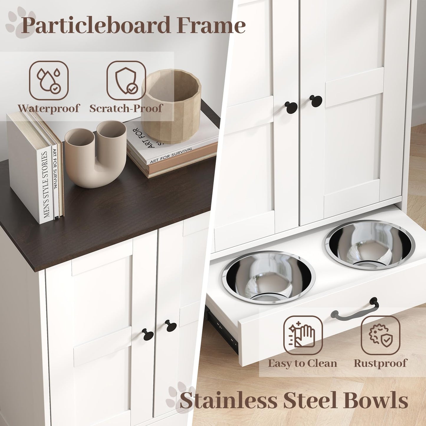 Rovibek Dog Food Storage Cabinet, Pet Feeding Station with Bowls, Adjustable Panel, Dog Feeding Station with Storage, Pet Feeder Station for Dogs Cats for Feeding & Watering Supplies, White