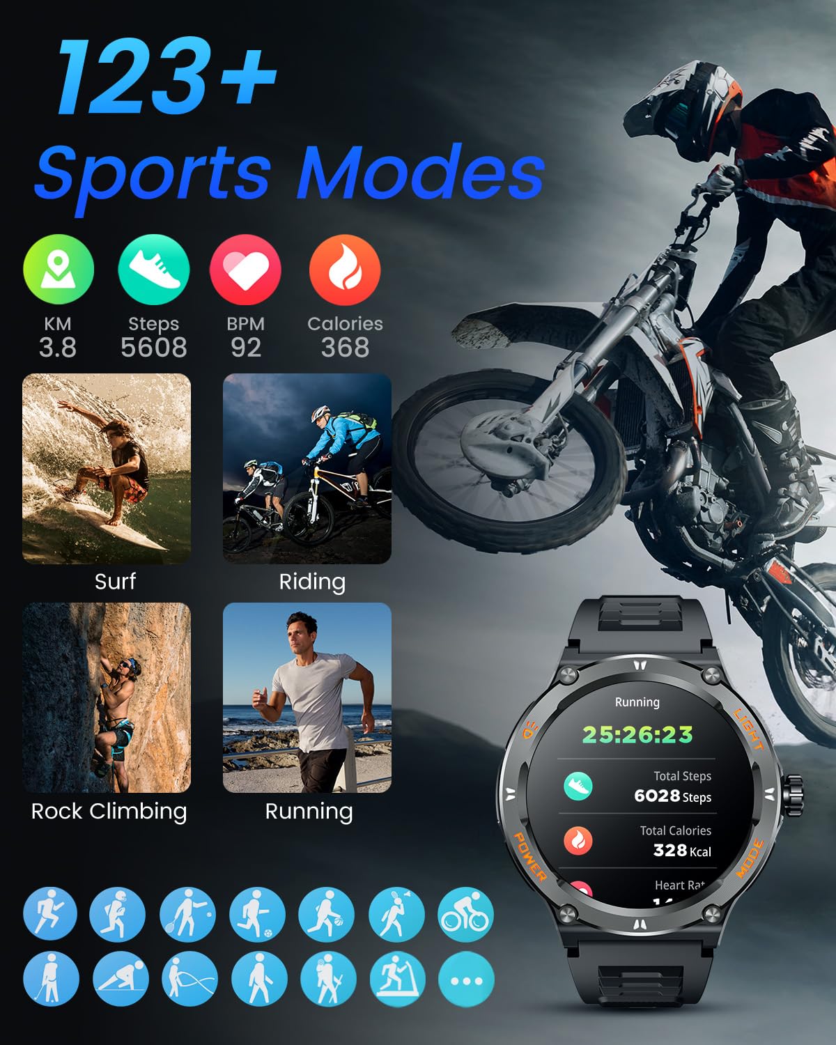 Smartwatch Men Fitness Tracker Watch: Smart Watches 1.53" Round Touchscreen 3ATM Waterproof LED Flashlight Bluetooth Call Heart Rate Blood Pressure Sport Step Pedometer Compass Compatible Android iOS